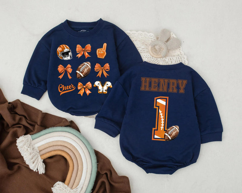 Personalized Football Bubble Romper for Baby Girls Cheer Bow Game Day Outfit Birthday Gift Orange Brown Design