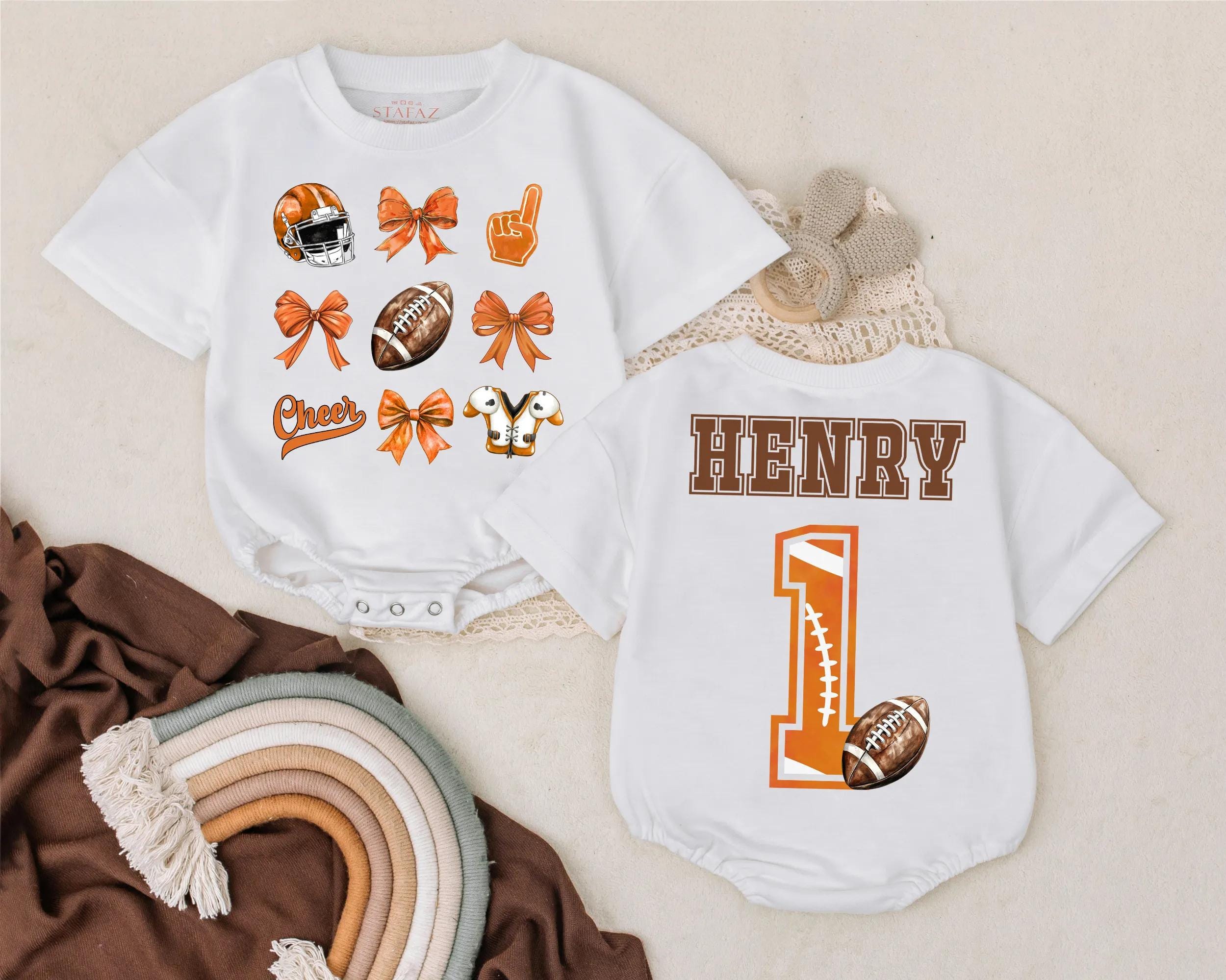 Personalized Football Bubble Romper for Baby Girls Cheer Bow Game Day Outfit Birthday Gift Orange Brown Design