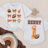 Personalized Football Bubble Romper for Baby Girls Cheer Bow Game Day Outfit Birthday Gift Orange Brown Design