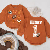 Personalized Football Bubble Romper for Baby Girls Cheer Bow Game Day Outfit Birthday Gift Orange Brown Design