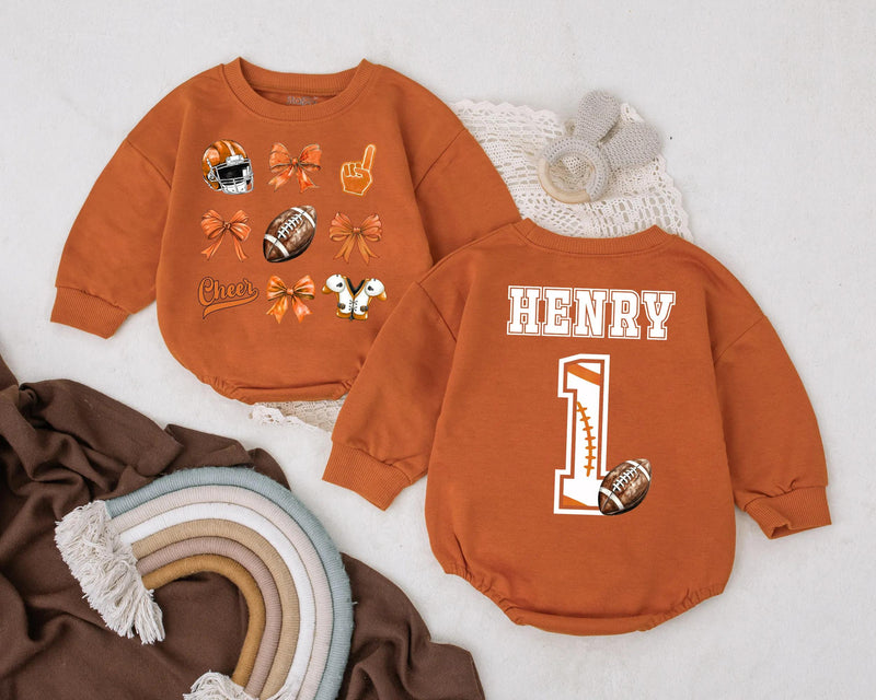 Personalized Football Bubble Romper for Baby Girls Cheer Bow Game Day Outfit Birthday Gift Orange Brown Design