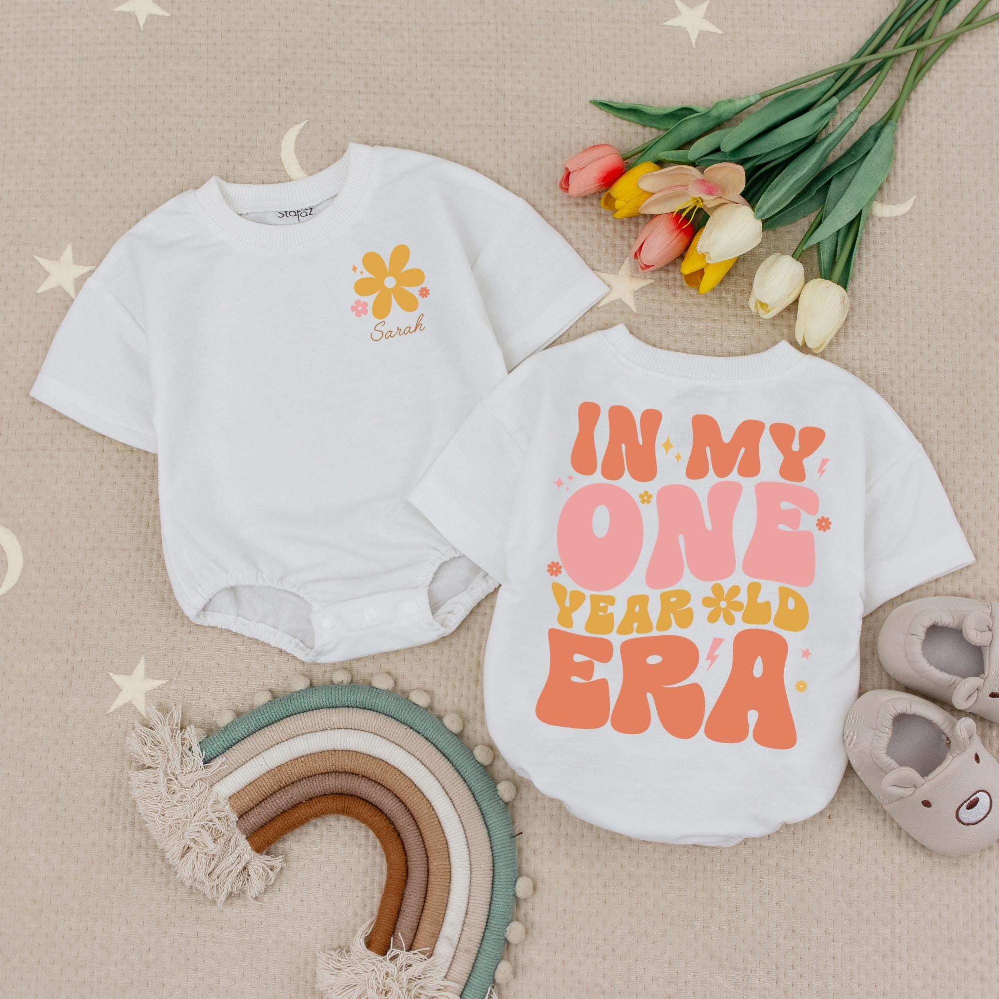 Personalized One Year Old Era Baby Romper for Girls Birthday Custom Name Retro Style with Pink and Orange Flower Design Cotton Outfit Gift