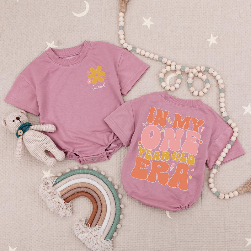 Personalized One Year Old Era Baby Romper for Girls Birthday Custom Name Retro Style with Pink and Orange Flower Design Cotton Outfit Gift