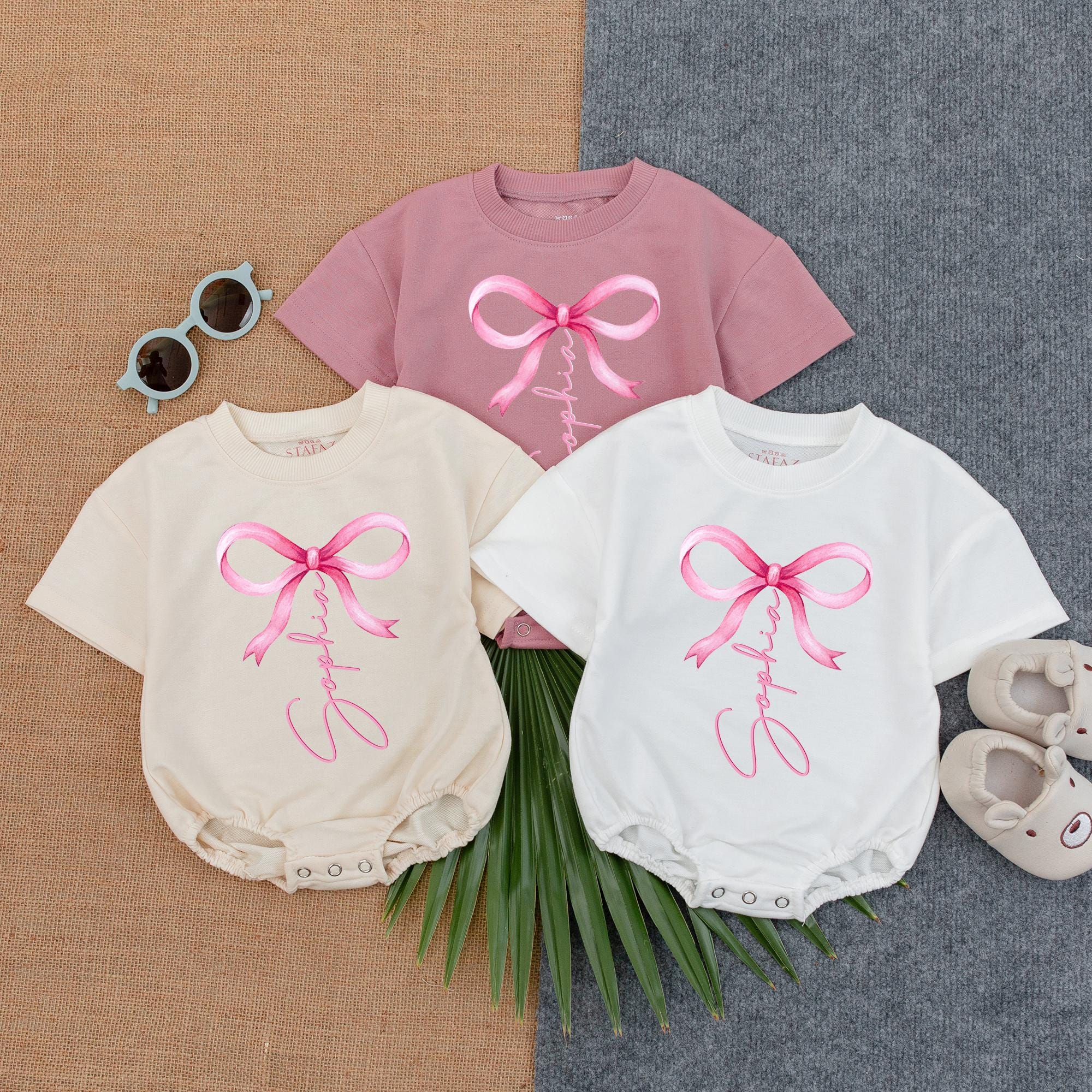 Personalized Pink Bow Romper Baby Girl Outfit Custom Name Elegant Pastel Infant Clothes Soft Gift Idea for Baby Shower or Birthday