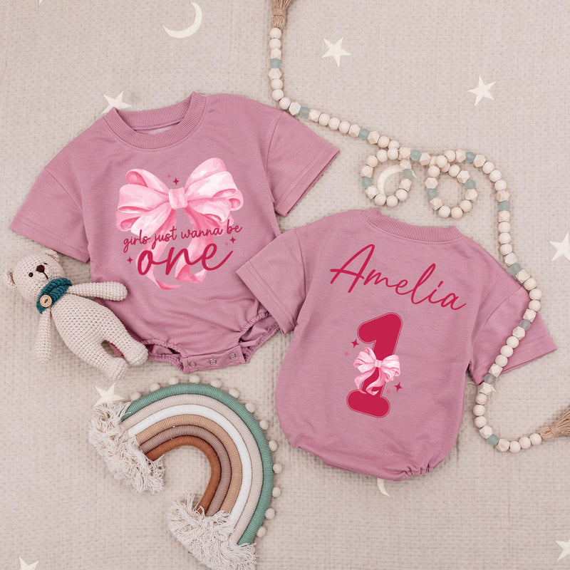 Girls Just Wanna Be One Pink Birthday Bodysuit with Satin Bow Romper for 1st Birthday Baby Girl Coquette Design Cotton Comfort Outfit