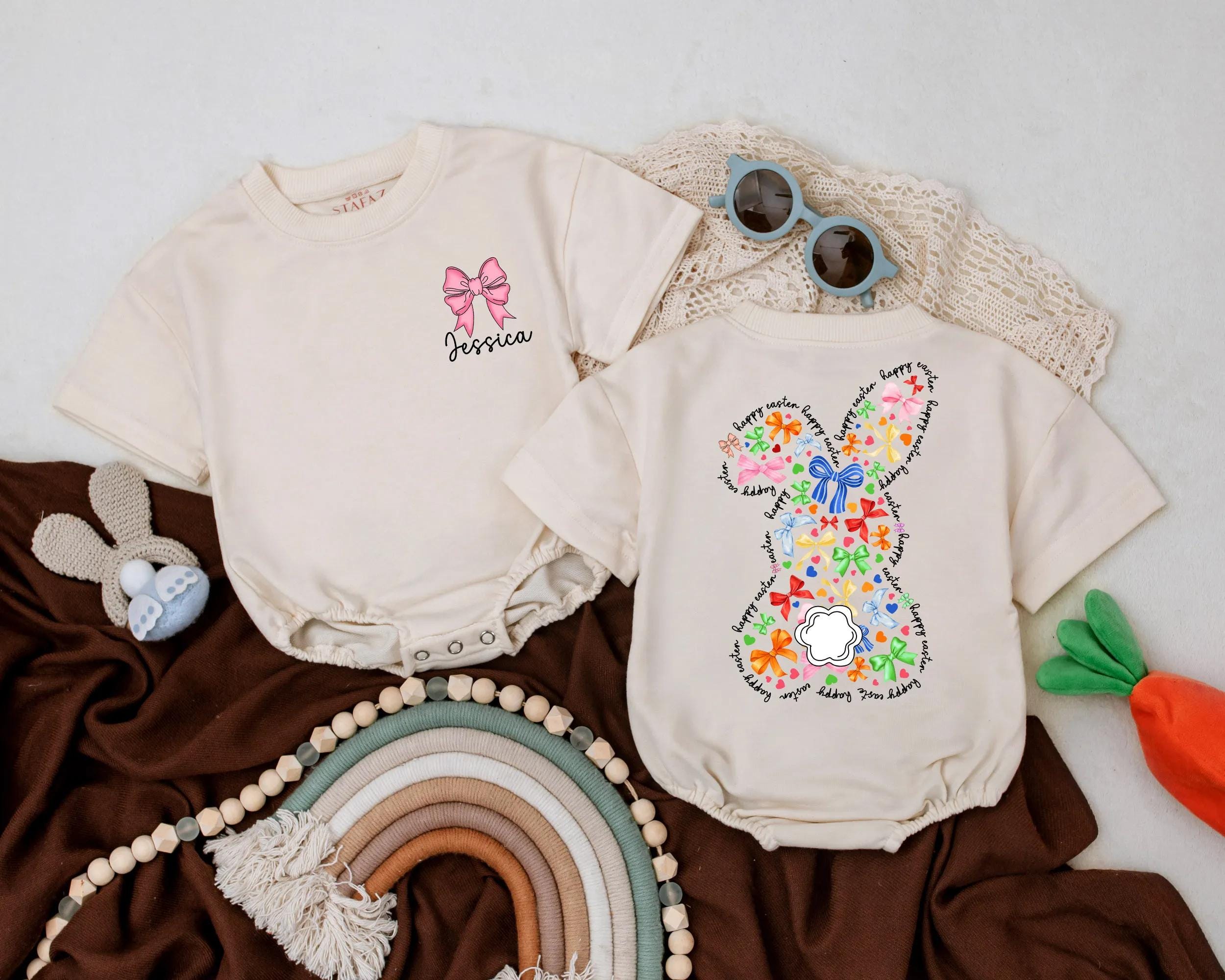 Personalized Easter Bunny Baby Romper with Name Bow
