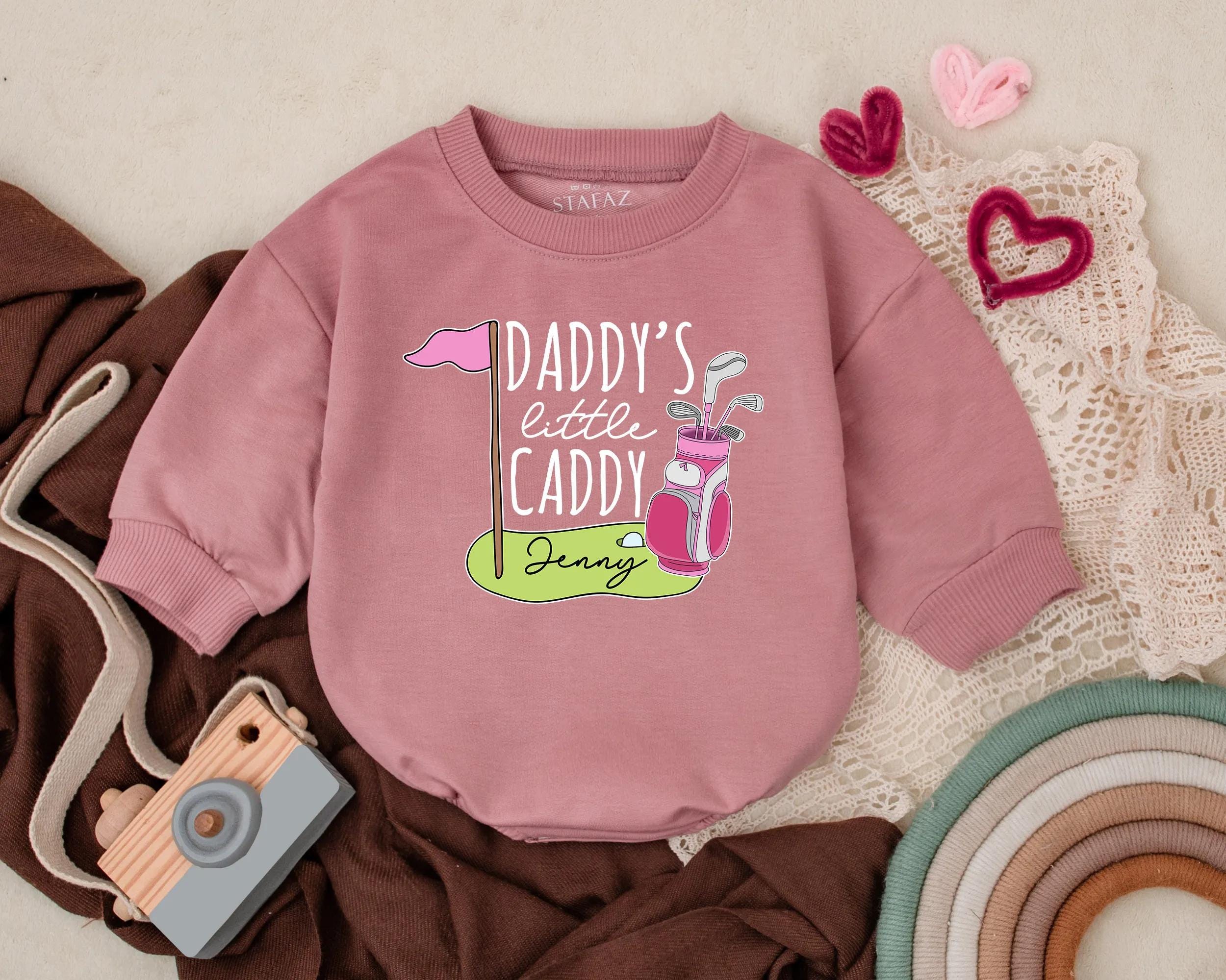 Personalized Daddy's Little Caddy Baby Romper Golf Themed Outfit Infant Bodysuit First Father's Day Gift Pink Flag Design Custom Name