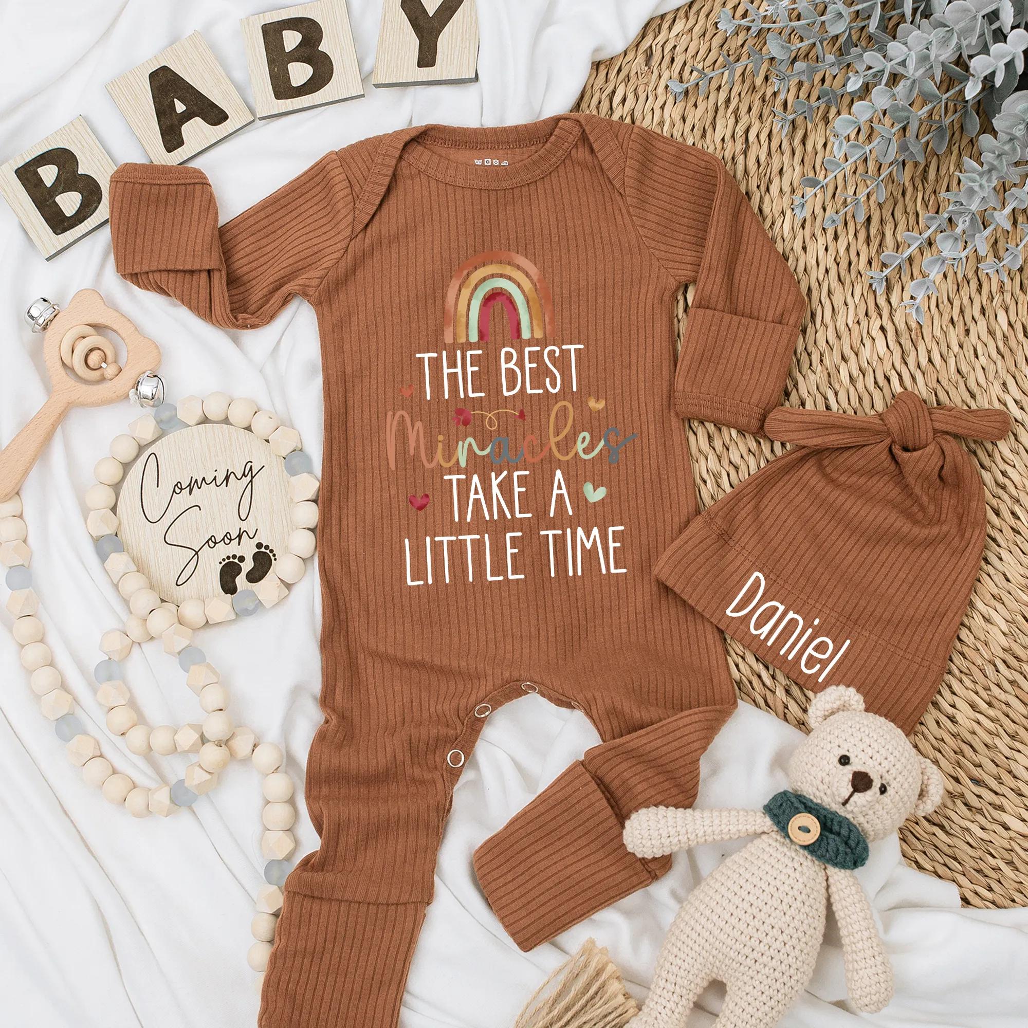 Custom Name Newborn Baby Bodysuit The Best Miracles Take a Little Time Gift Soft Rainbow Design Romper and Hat Set Personalized