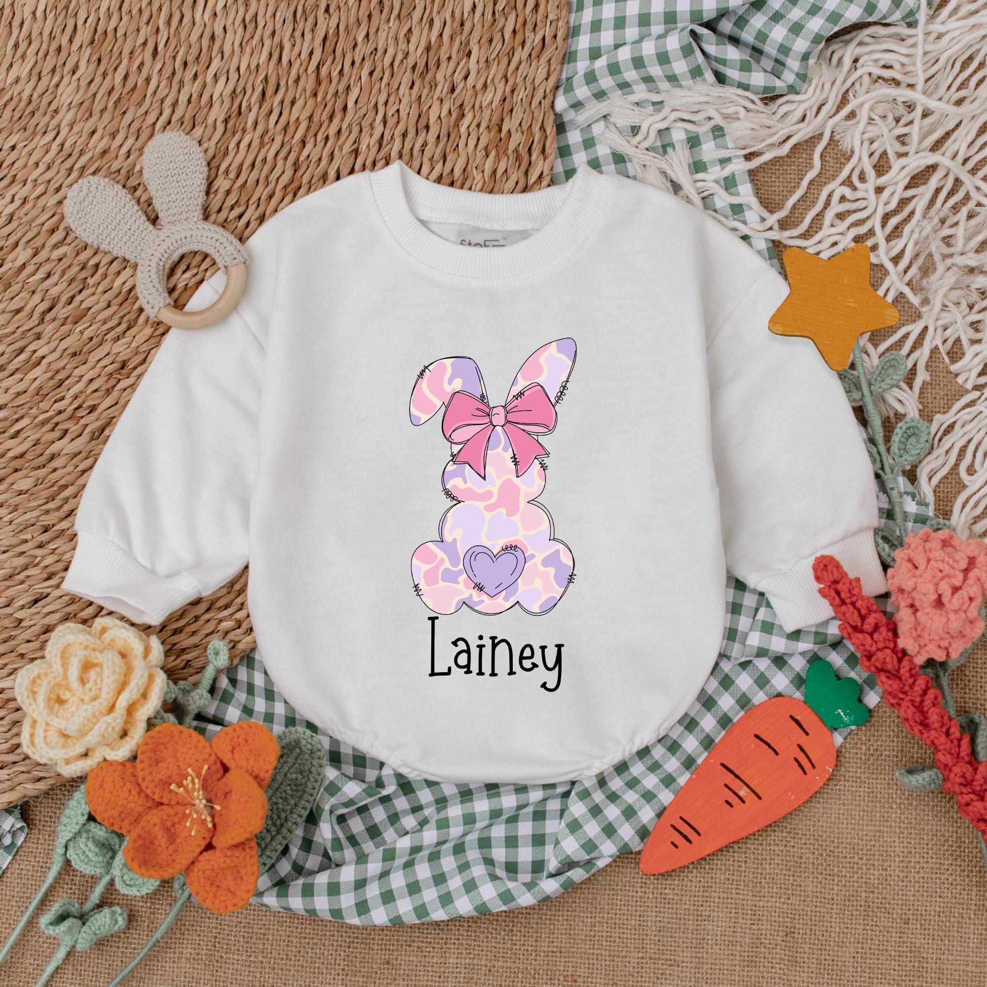 Personalized Pink Camo Bunny Romper with Bow for Baby Girls