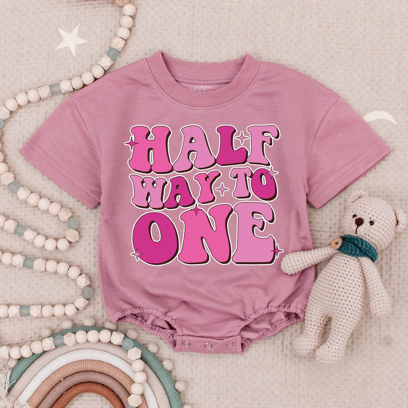 Half Way to One Birthday Romper for Baby Girl Fun Pink Star Design Infant Outfit Celebratory Soft Cotton Gift Half Birthday Party Wear