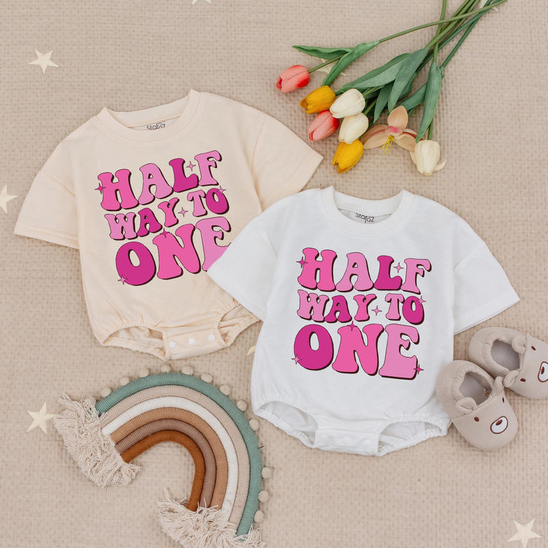 Half Way to One Birthday Romper for Baby Girl Fun Pink Star Design Infant Outfit Celebratory Soft Cotton Gift Half Birthday Party Wear