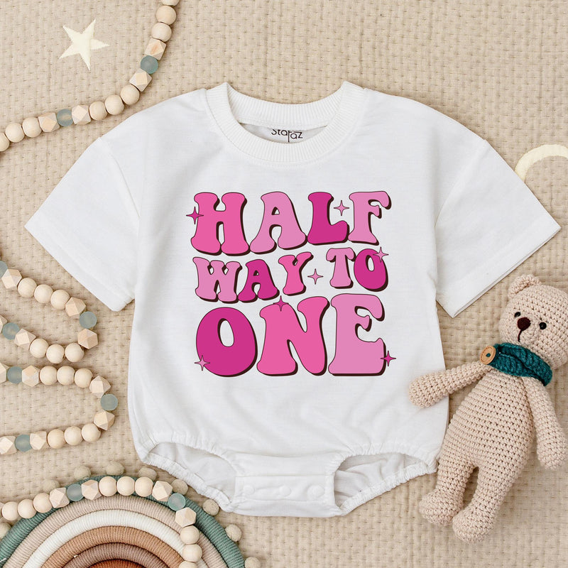 Half Way to One Birthday Romper for Baby Girl Fun Pink Star Design Infant Outfit Celebratory Soft Cotton Gift Half Birthday Party Wear