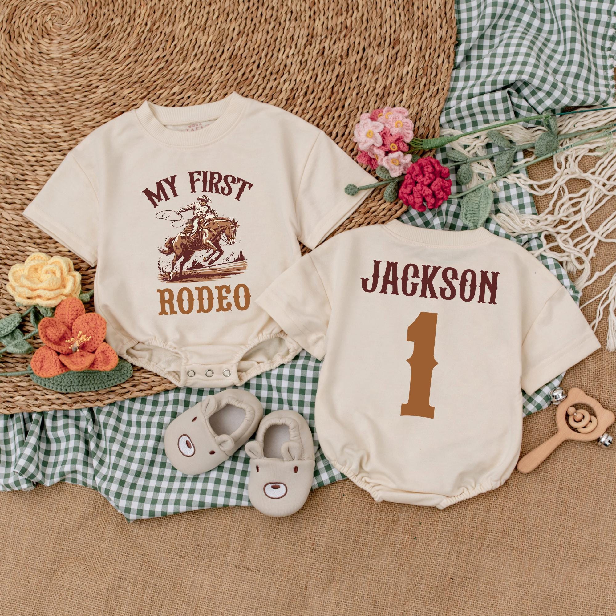 Personalized My First Rodeo Baby Romper Cowboy Birthday Outfit Soft Cotton Western Style Infant Gift with Custom Name Tan Brown Design