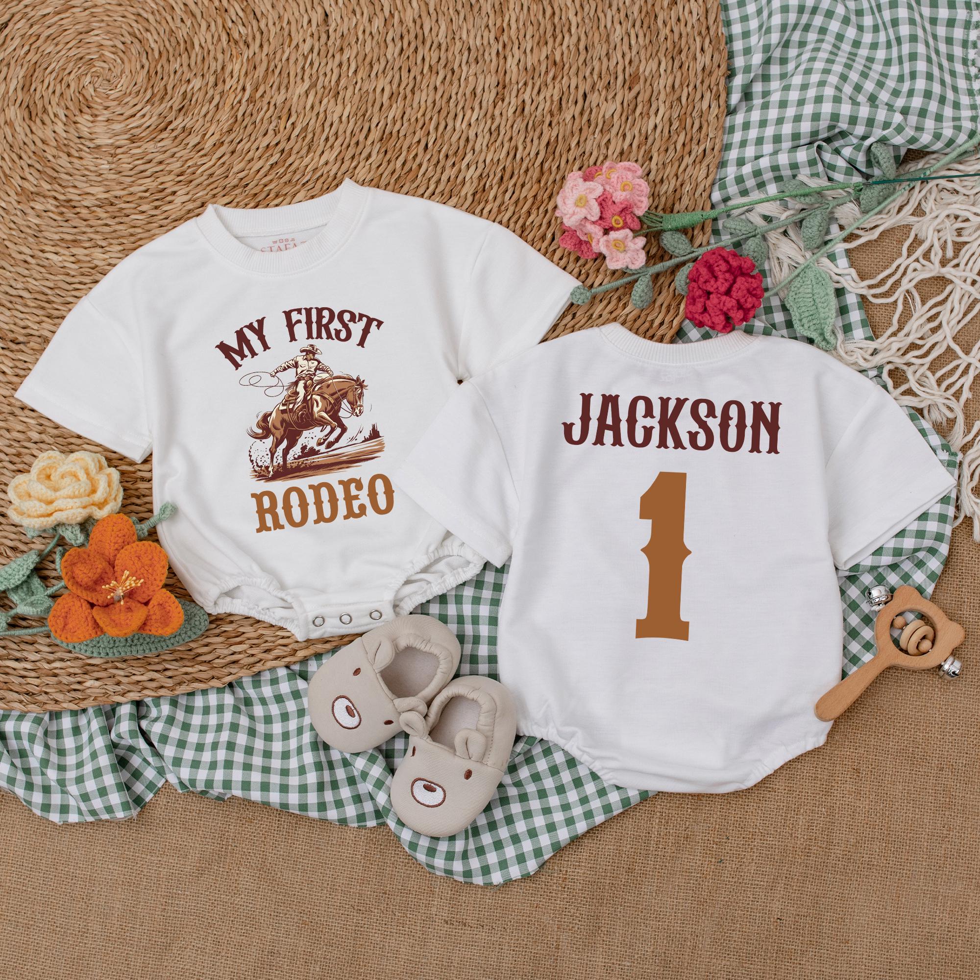 Personalized My First Rodeo Baby Romper Cowboy Birthday Outfit Soft Cotton Western Style Infant Gift with Custom Name Tan Brown Design