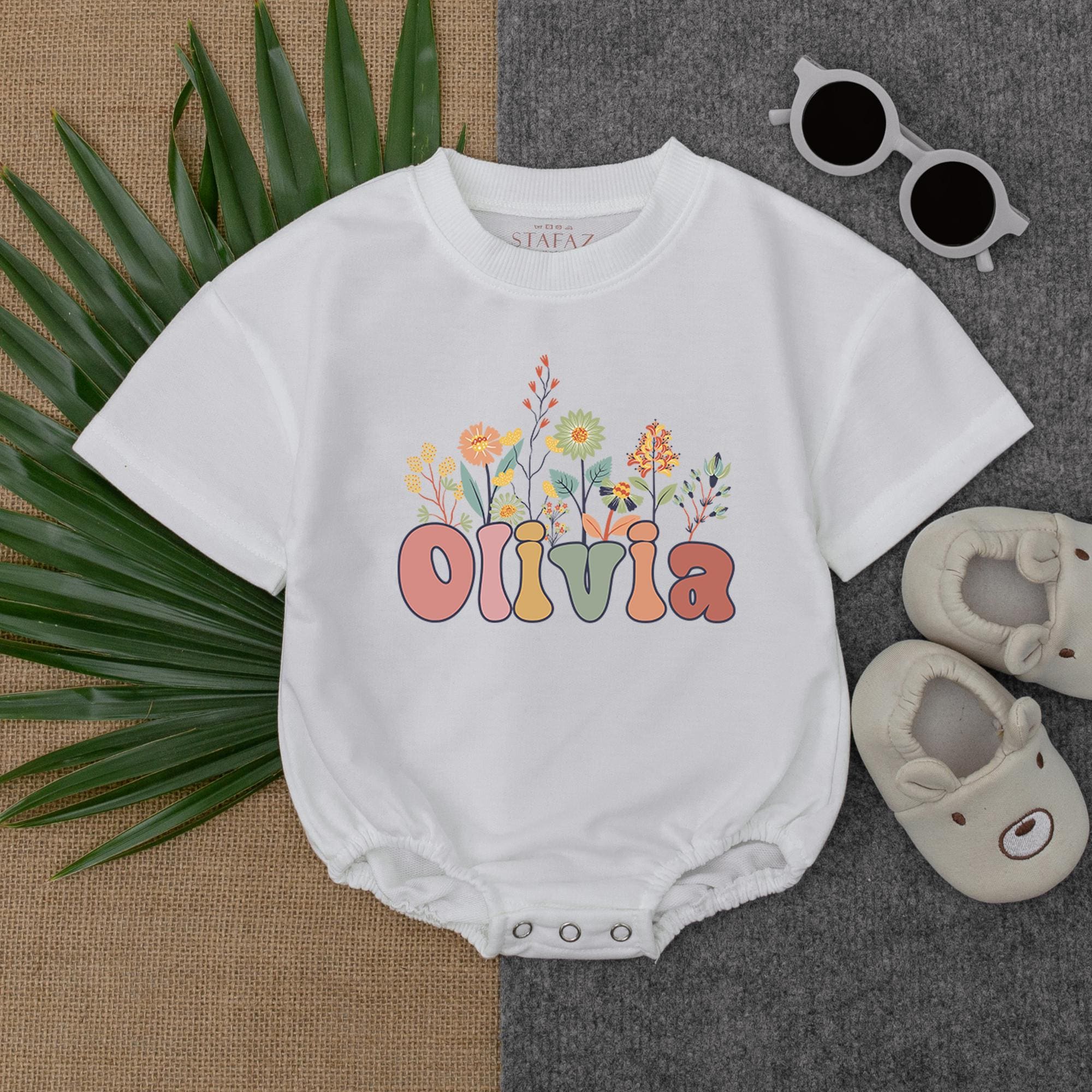 Personalized Floral Baby Bubble Romper with Olivia Design