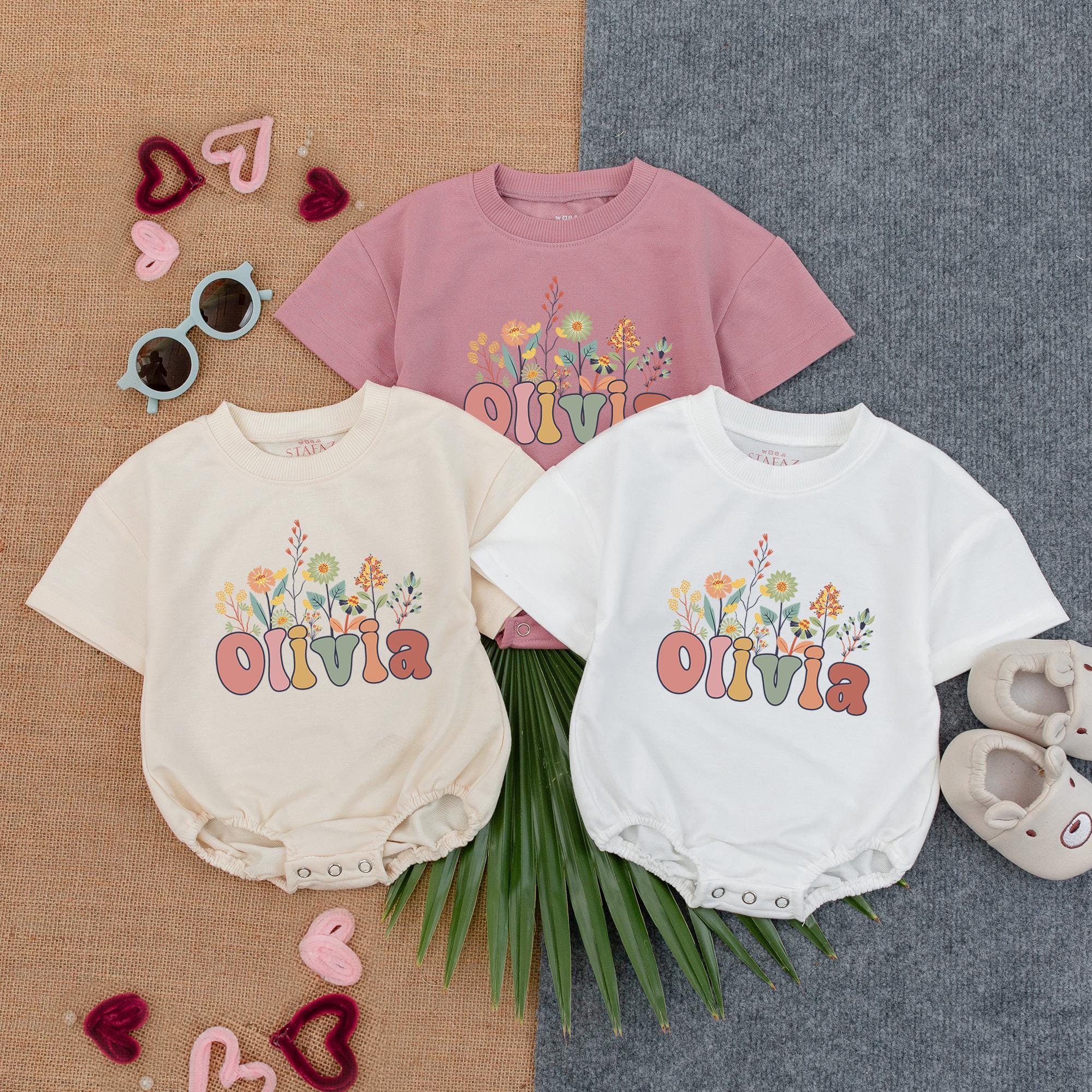 Personalized Floral Baby Bubble Romper with Olivia Design