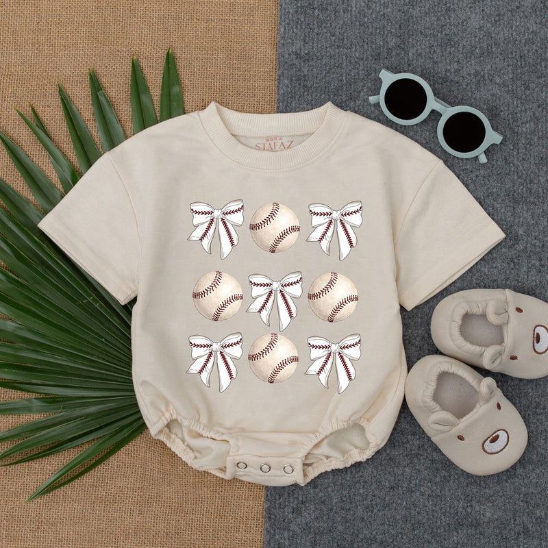 Vintage Baseball & Bow Baby Romper for Game Day