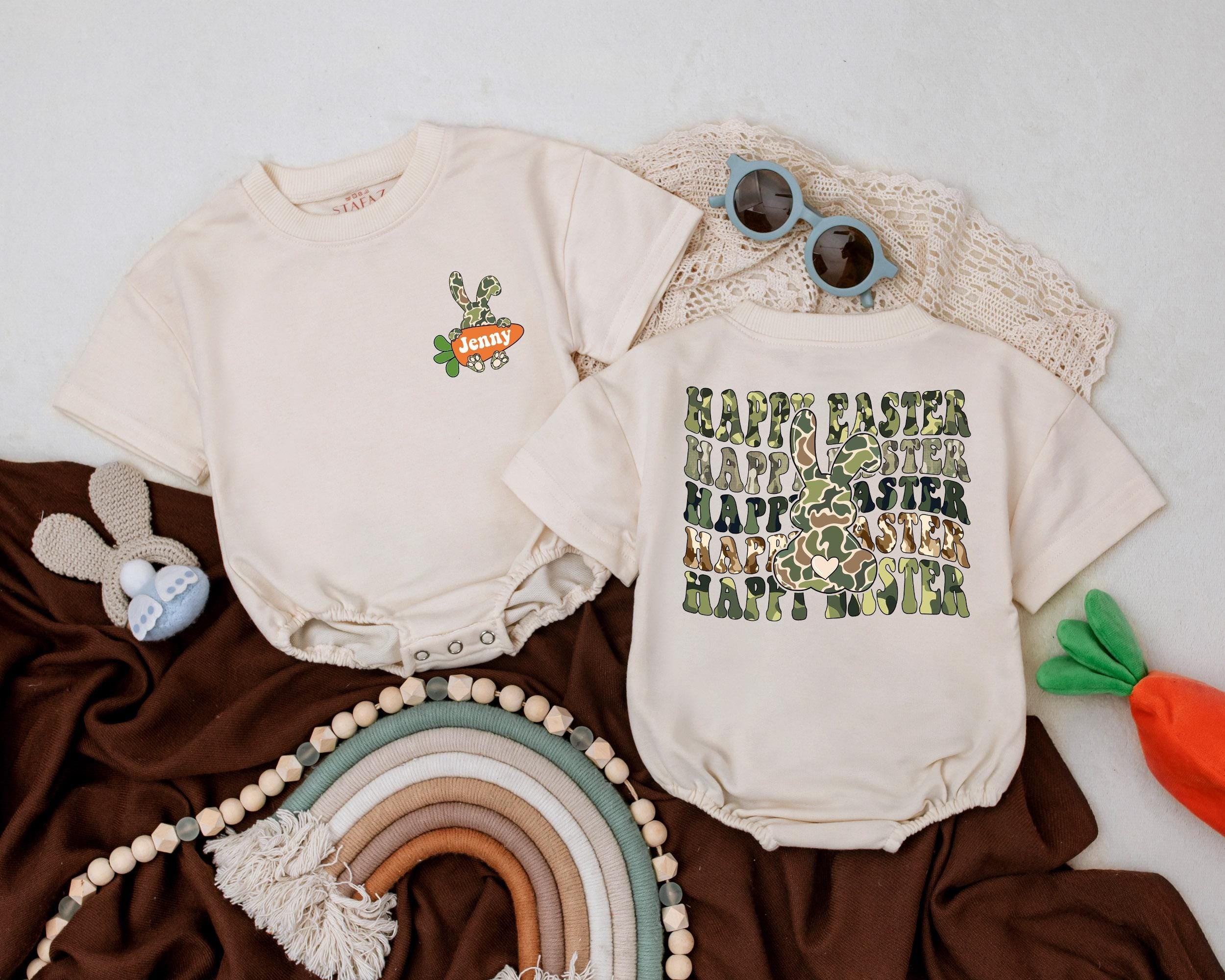 Personalized Easter Bunny Baby Romper with Custom Name Floral Spring Outfit Happy Easter Day Gift for Baby Boys Girls Soft Cotton