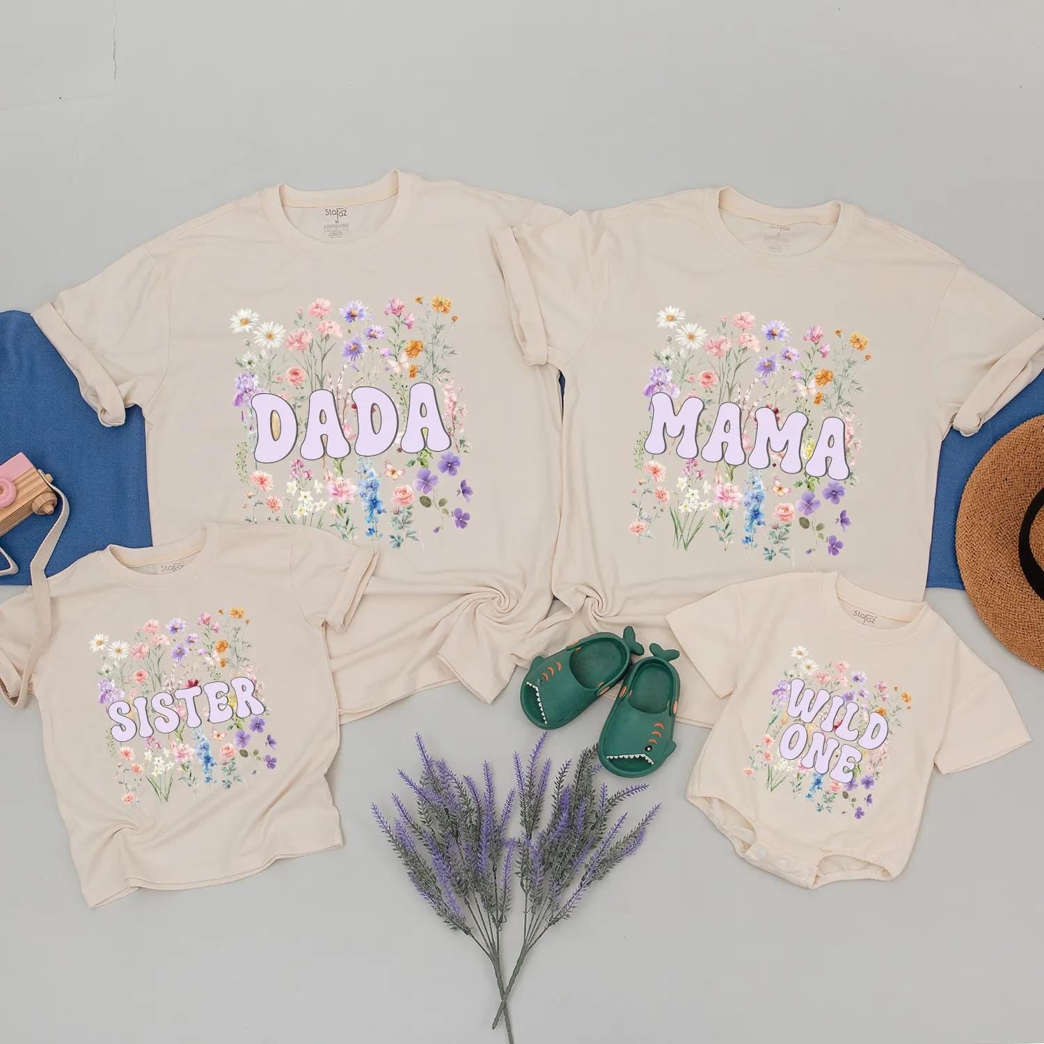 Boho Wildflower 1st Birthday Girl T-shirts Matching Family Outfits Personalized Cotton Daddy Mama Sister Wild One Celebration