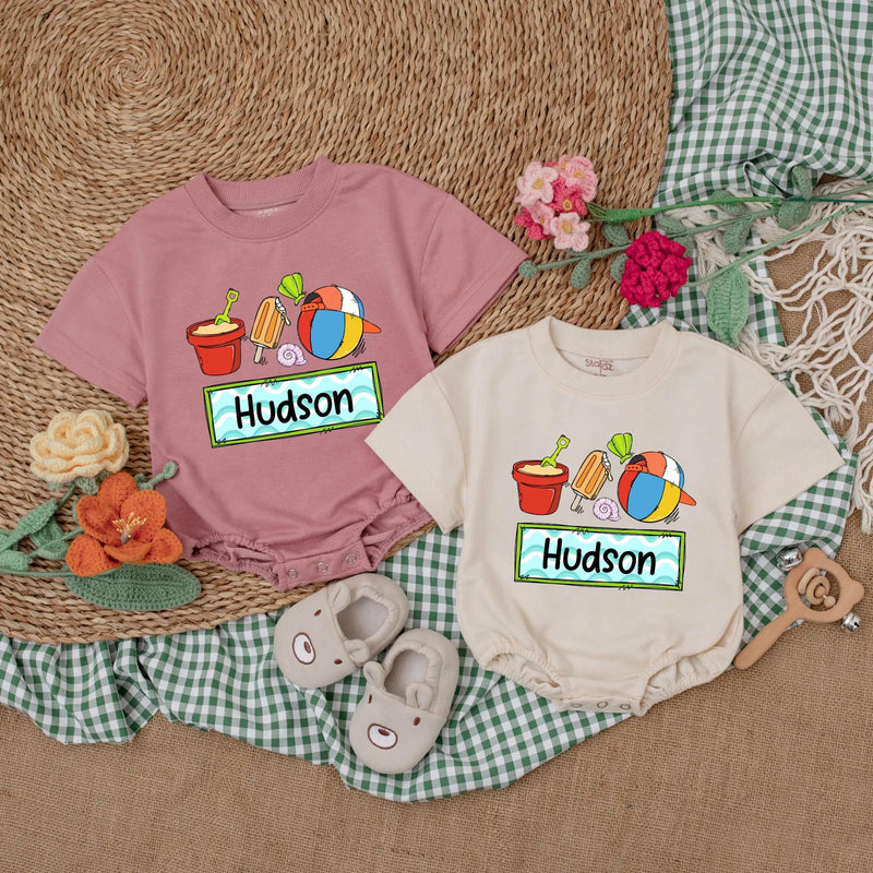 Personalized Baby Romper with Beach Theme Custom Name Summer Outfit Vibrant Party Clothes for Boys Soft Cotton Vacation Bodysuit
