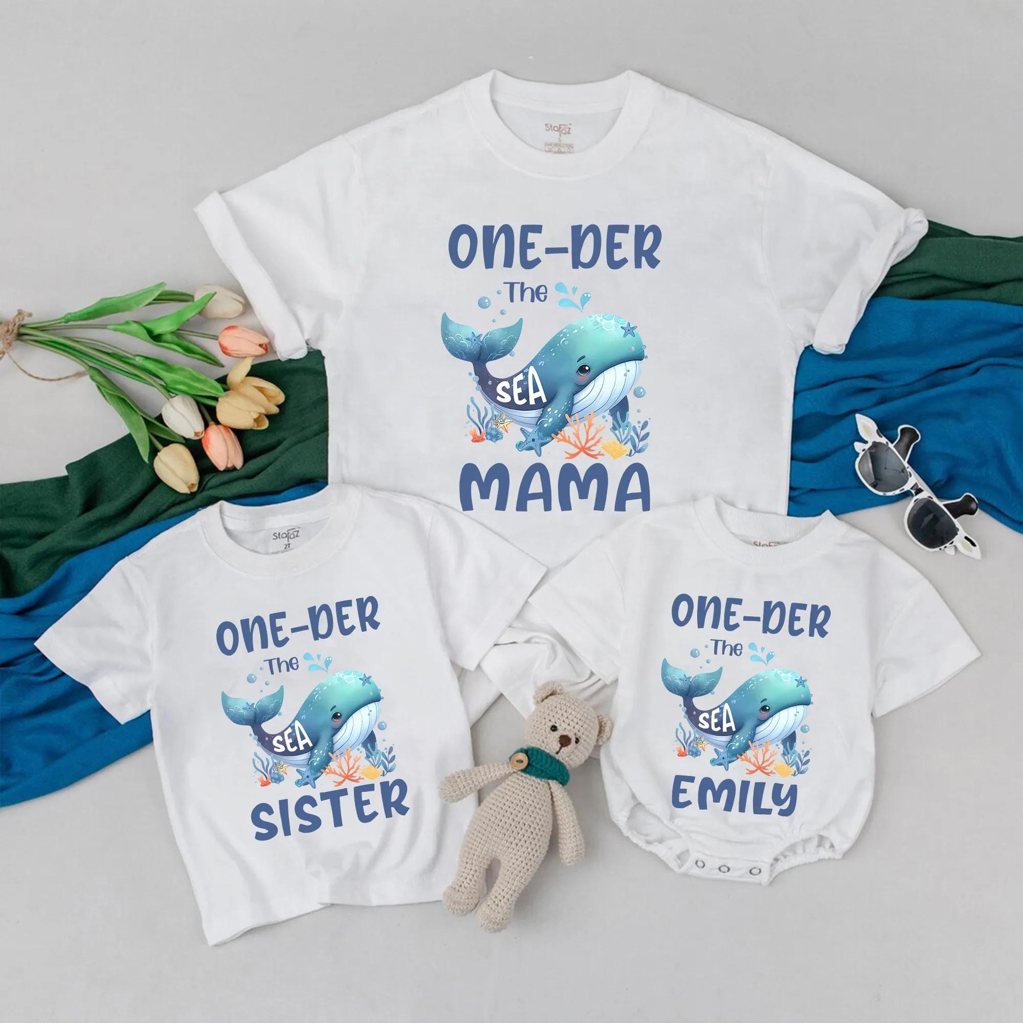 Personalized Underwater Family Shirts with Blue Whale Fun Sea Adventure Design Custom Names Vibrant Coral Seaweed Birthday Gift