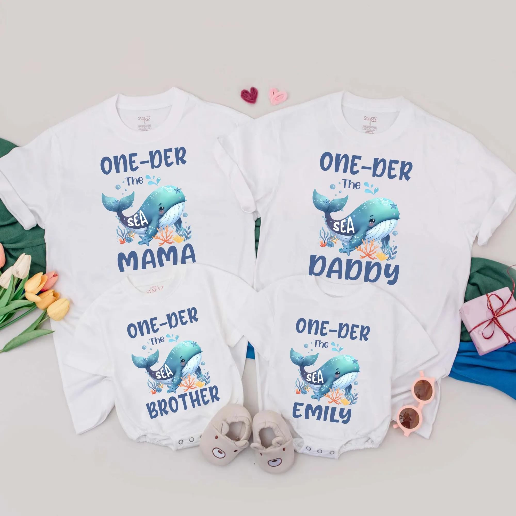 Personalized Underwater Family Shirts with Blue Whale Fun Sea Adventure Design Custom Names Vibrant Coral Seaweed Birthday Gift