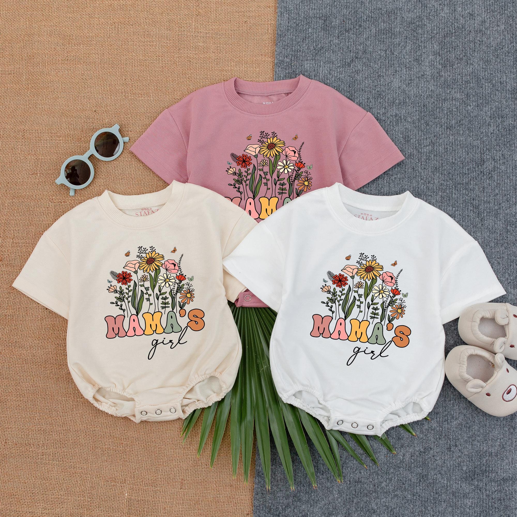 Mama's Girl Floral Bubble Romper Cute Baby Outfit Vibrant Sunflower Rose Design Mother's Day Gift for New Mom Soft Comfortable Wear