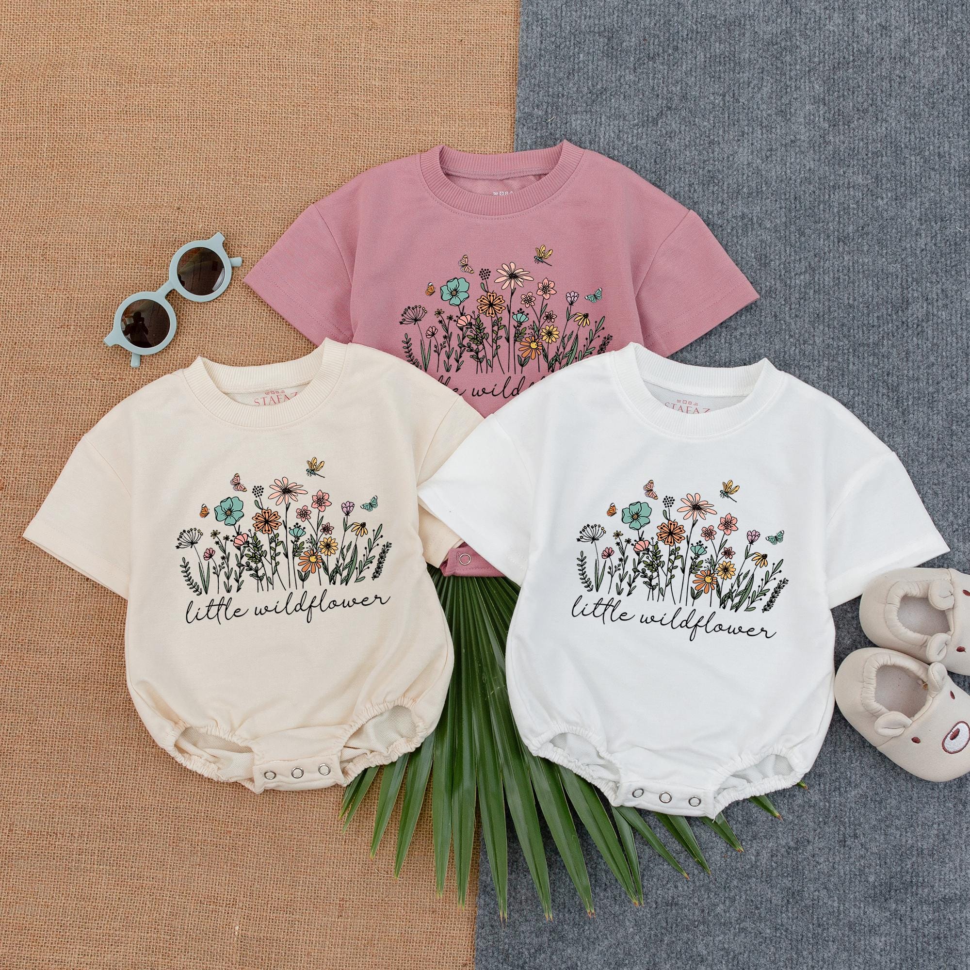 Little Wildflower Baby T-shirt Romper Boho Girl Outfit Soft Floral Design Infant Clothes Vintage-Inspired Baby Shower Gift