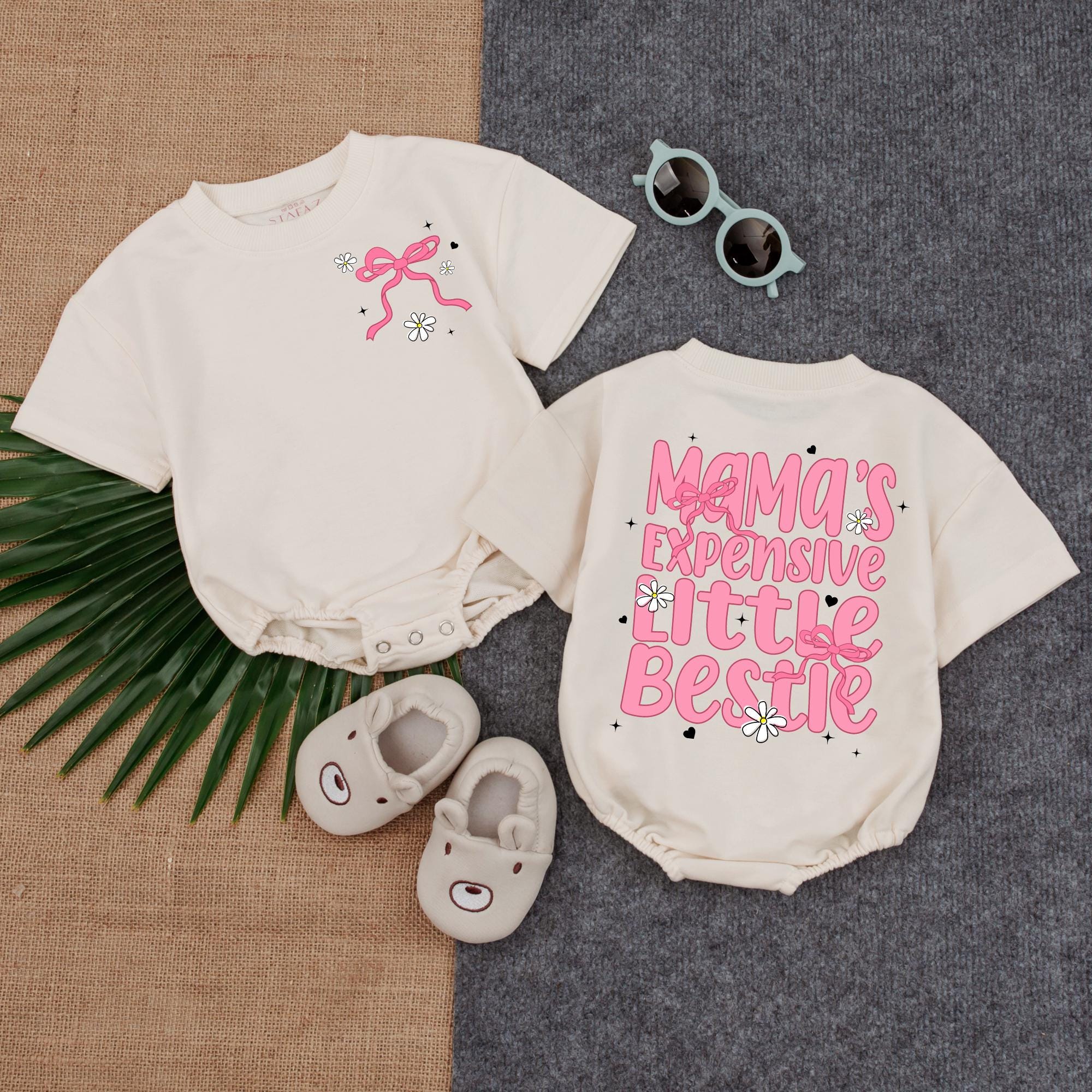 Mama's Expensive Little Bestie Pink Bow Romper Boho Baby Girl Outfit Cute Floral Star Pattern Mother's Day Gift Special Occasion Clothes