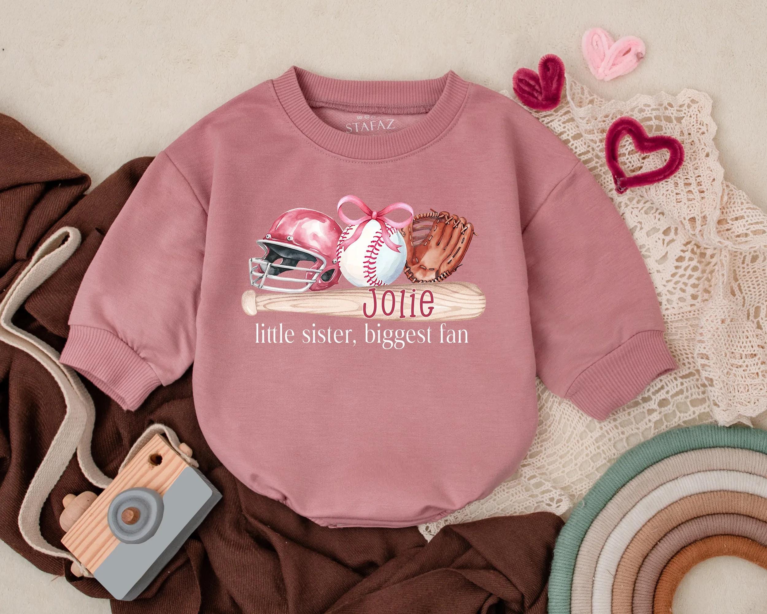 Custom Baby Girl Baseball Romper with Pink Helmet Little Sister Sports Outfit Soft Cotton Newborn Clothing Gift