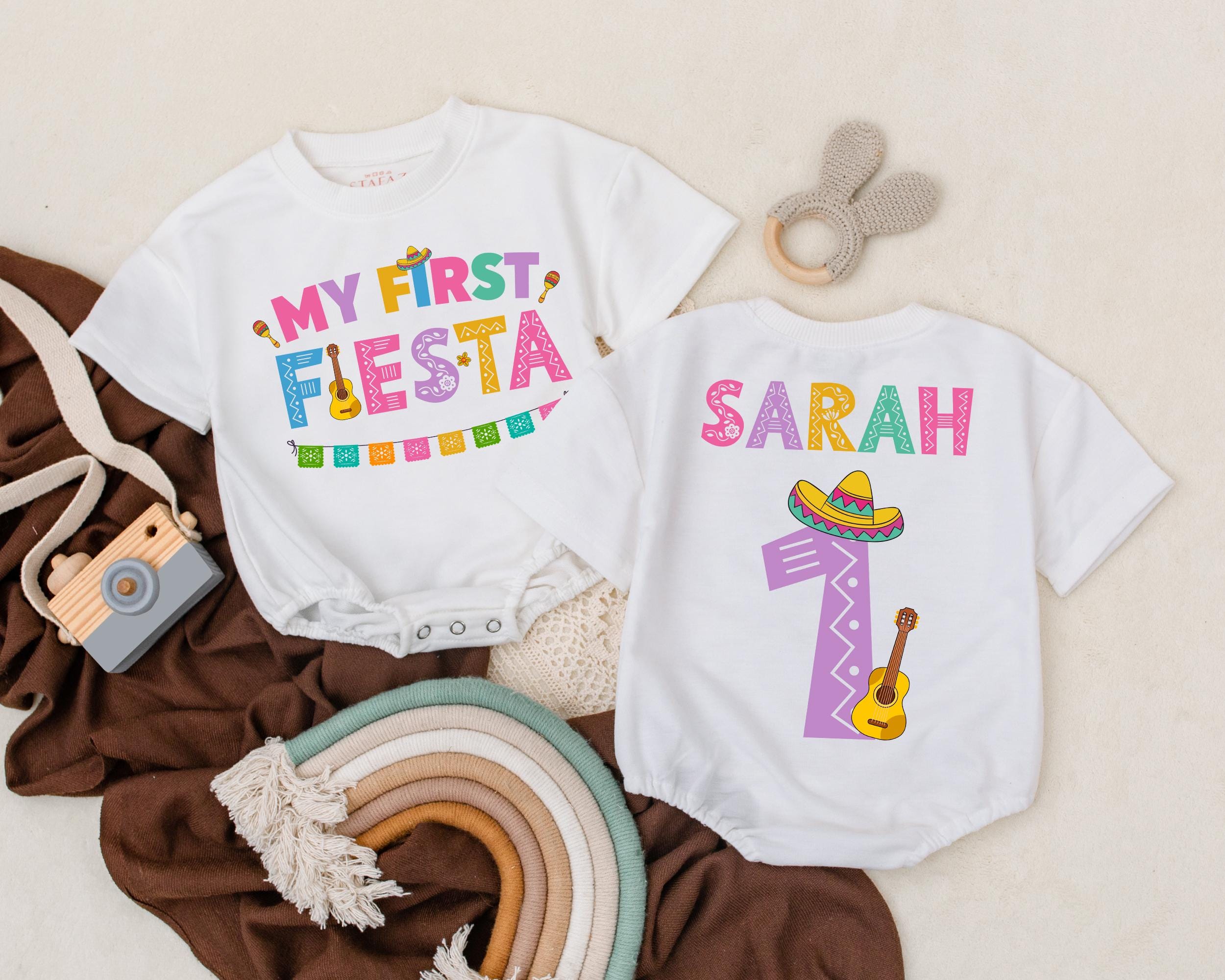 Personalized My First Fiesta Baby Romper with Colorful Mexican Design Guitar and Sombrero Birthday Outfit Cotton Gift for Toddler Girls