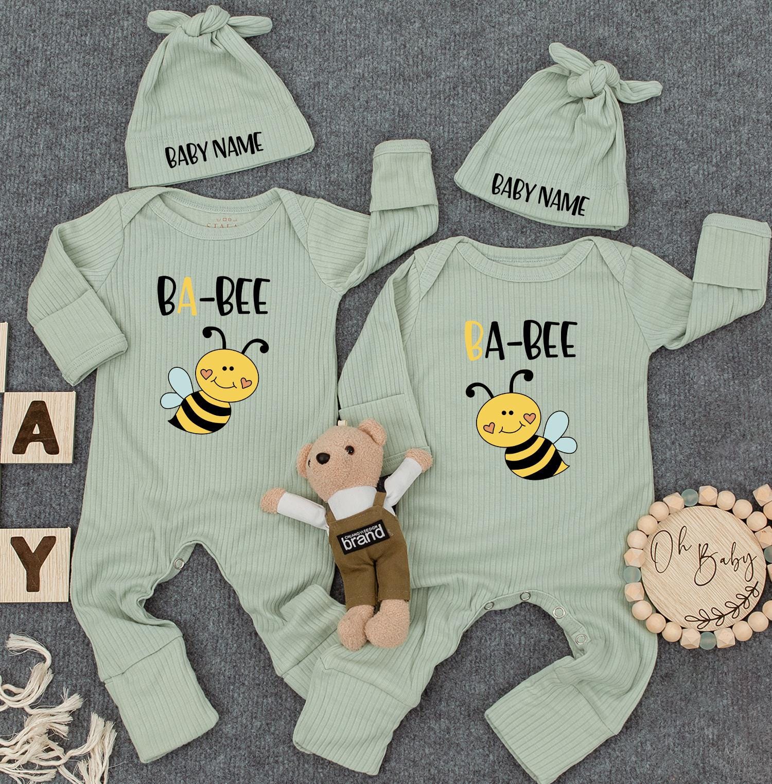 Twin Baby Bodysuit Set with Hats BA-BEE Matching Outfit Newborn Gift Cute Romper Fun Baby Clothes Coming Home Personalized Name