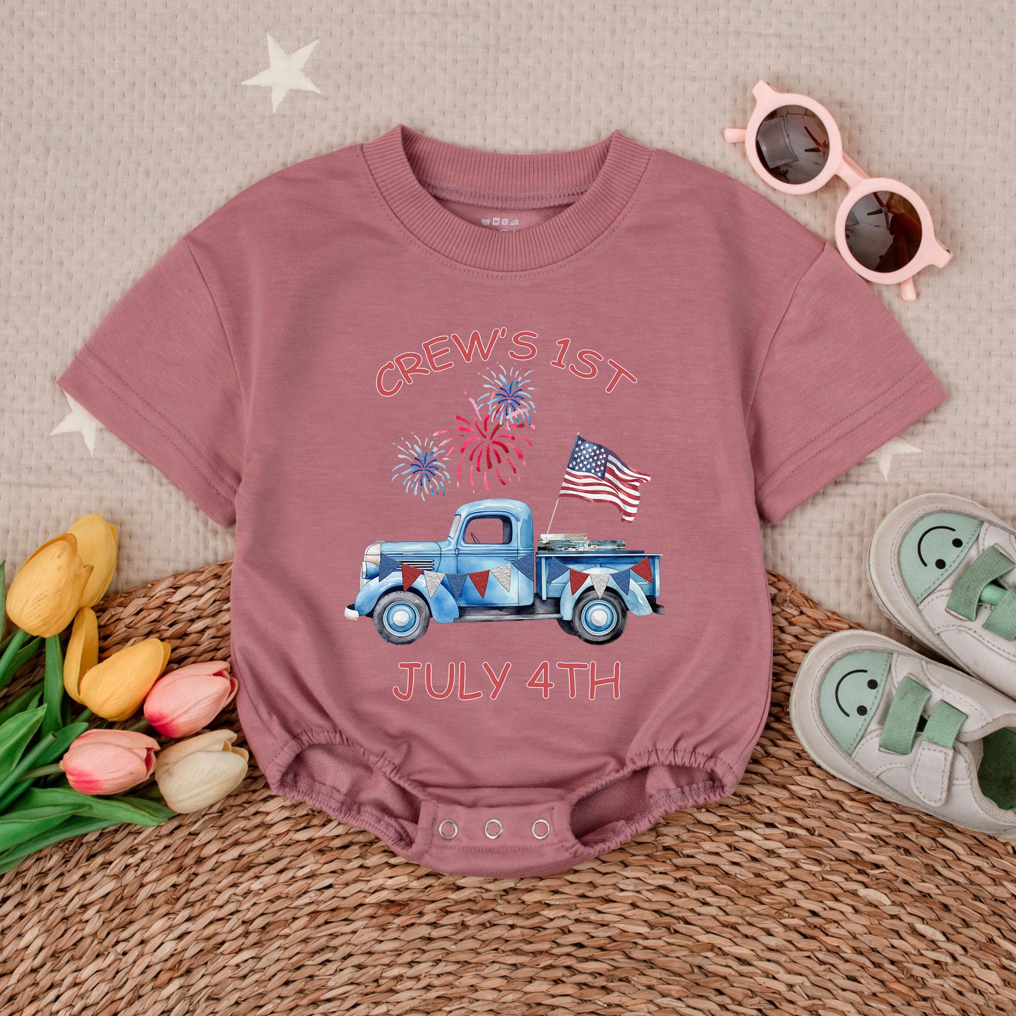 Custom Name Baby Boy 1st July 4th Bubble Romper Vintage Truck Fireworks USA Bodysuit Patriotic Holiday Outfit Infant Gift