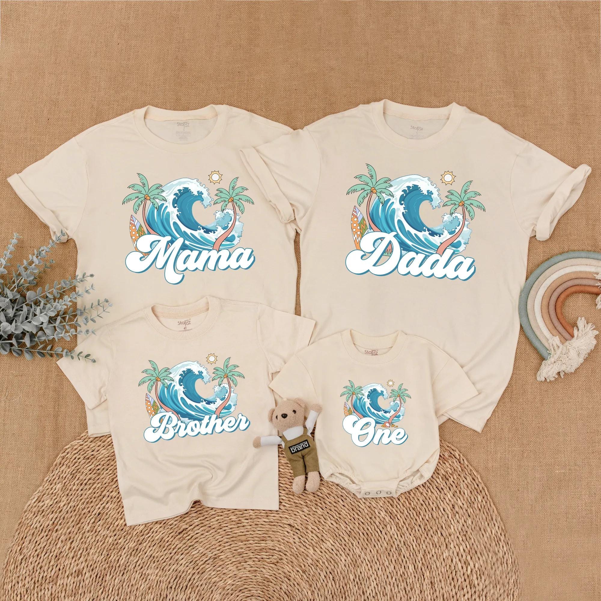 Surfing Family Birthday Shirts with Wave and Palm Design for Fun Tropical 1st Birthday Party Personalized Names Custom Gift Idea