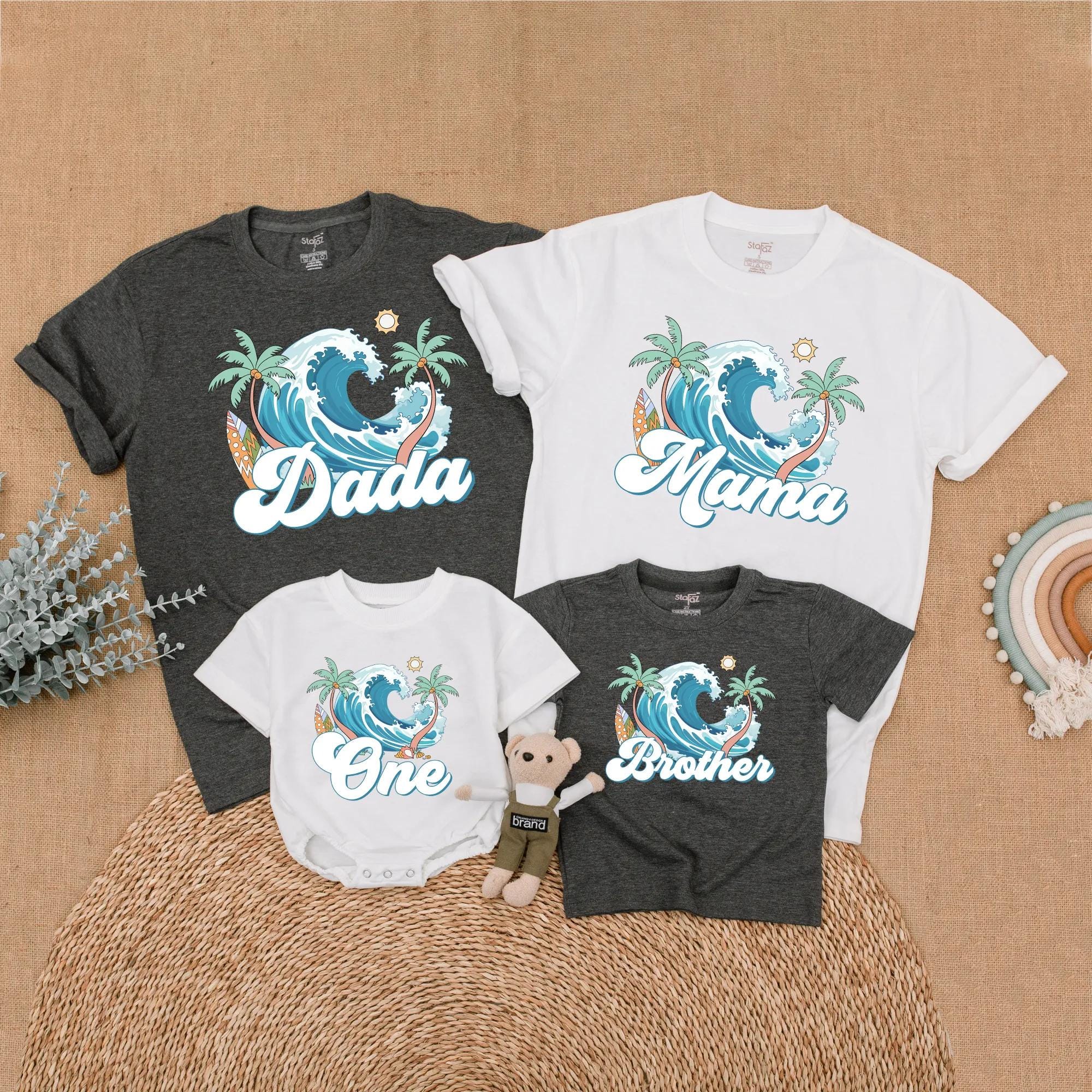 Surfing Family Birthday Shirts with Wave and Palm Design for Fun Tropical 1st Birthday Party Personalized Names Custom Gift Idea