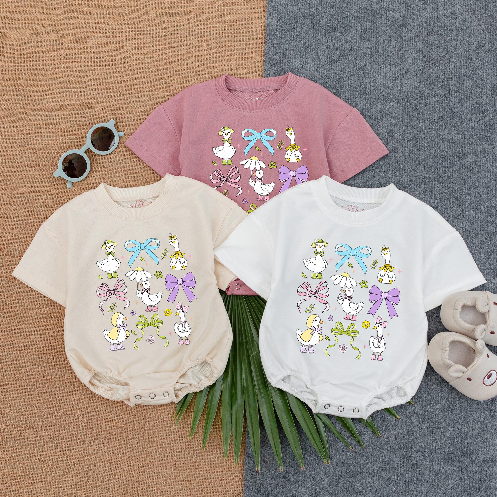 Spring Floral Goose Romper for Baby Girls Pastel Cartoon Geese Outfit Soft Cotton Short Sleeves Perfect for Coming Home or Baby Shower Gift