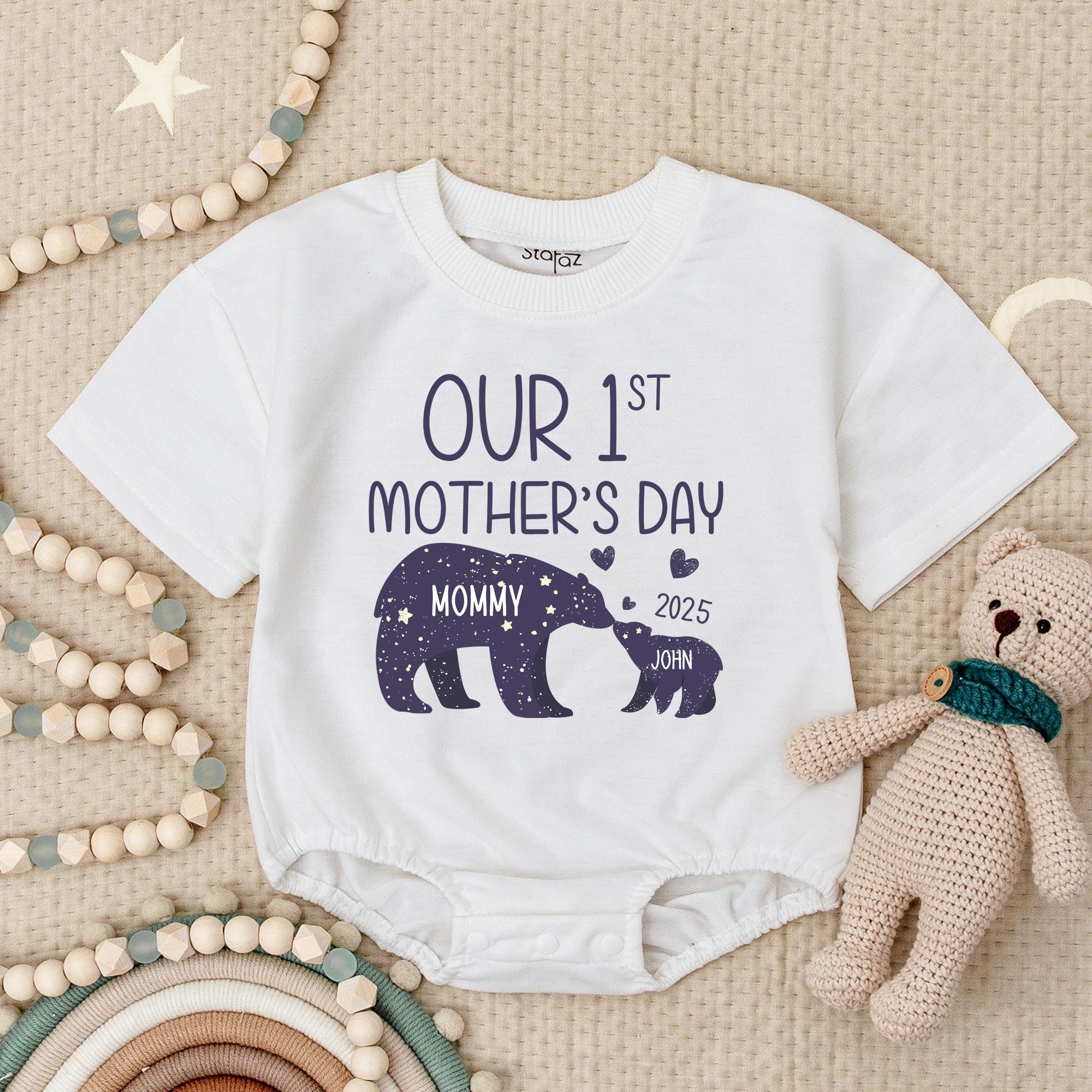 Custom First Mother's Day Baby Romper with Bear Design Personalized 2025 Outfit Adorable Soft Purple Infant Celebration Clothing