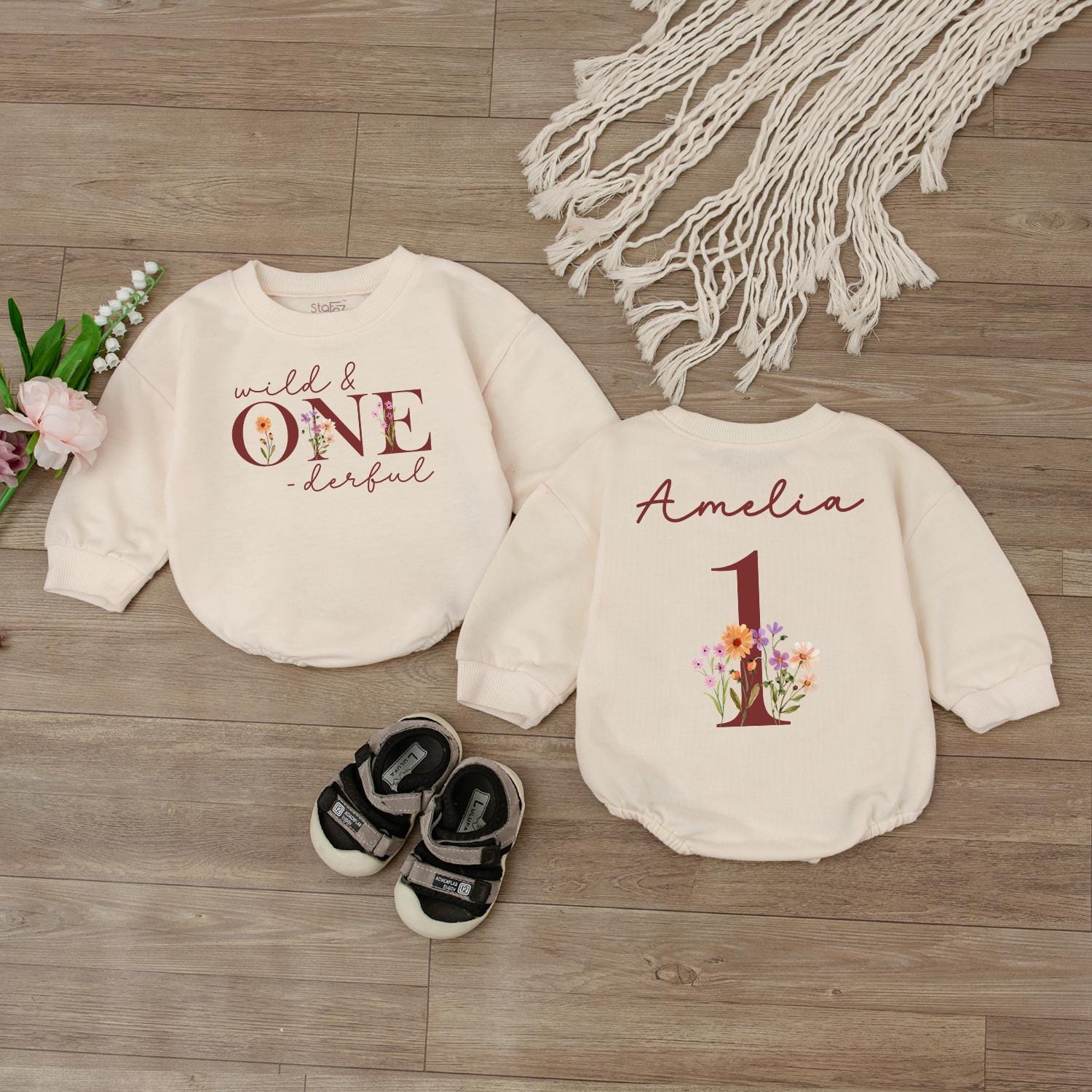 Wild ONEderful Personalized Baby Romper First Birthday Outfit Boho Floral Design Custom Name Soft Toddler Infant Clothes Gift