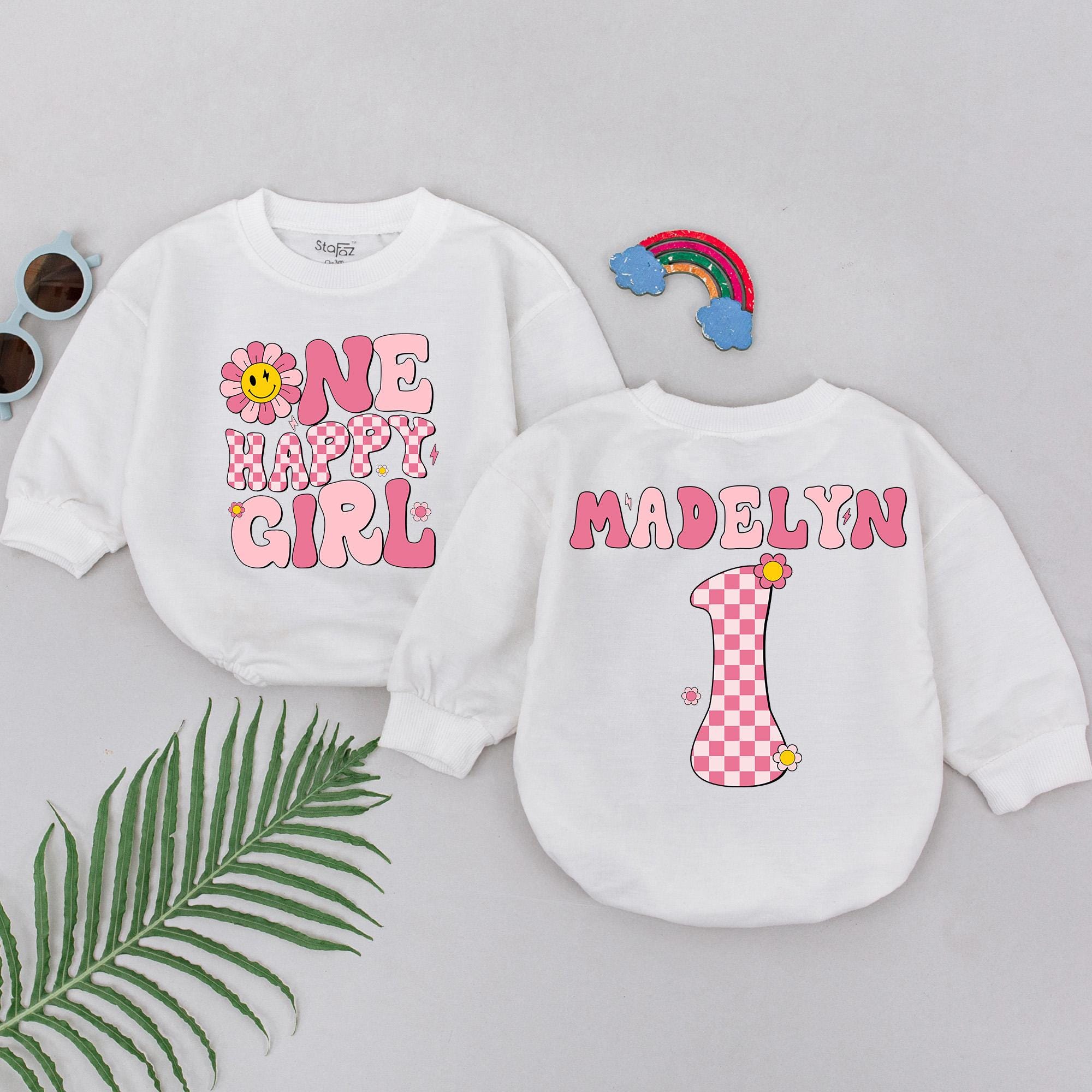 Personalized One Happy Girl Romper First Birthday Outfit Toddler Party Wear Smiley Flower Pink Checkered Design Baby Shower Gift