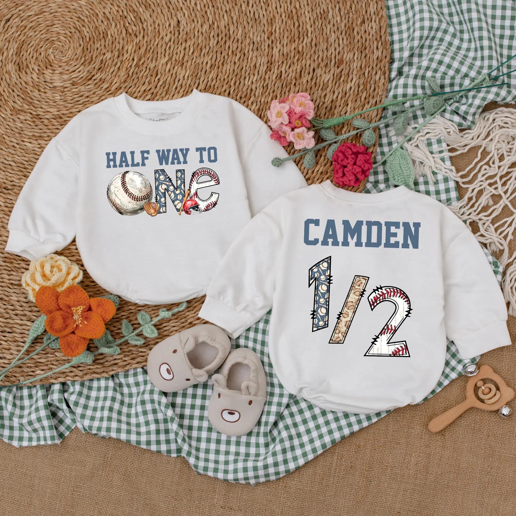 Personalized Half Way to One Baseball Romper Baby Boy's 1/2 Birthday Outfit Vibrant Sports Design Camdem Name Cotton Gift 6 Months