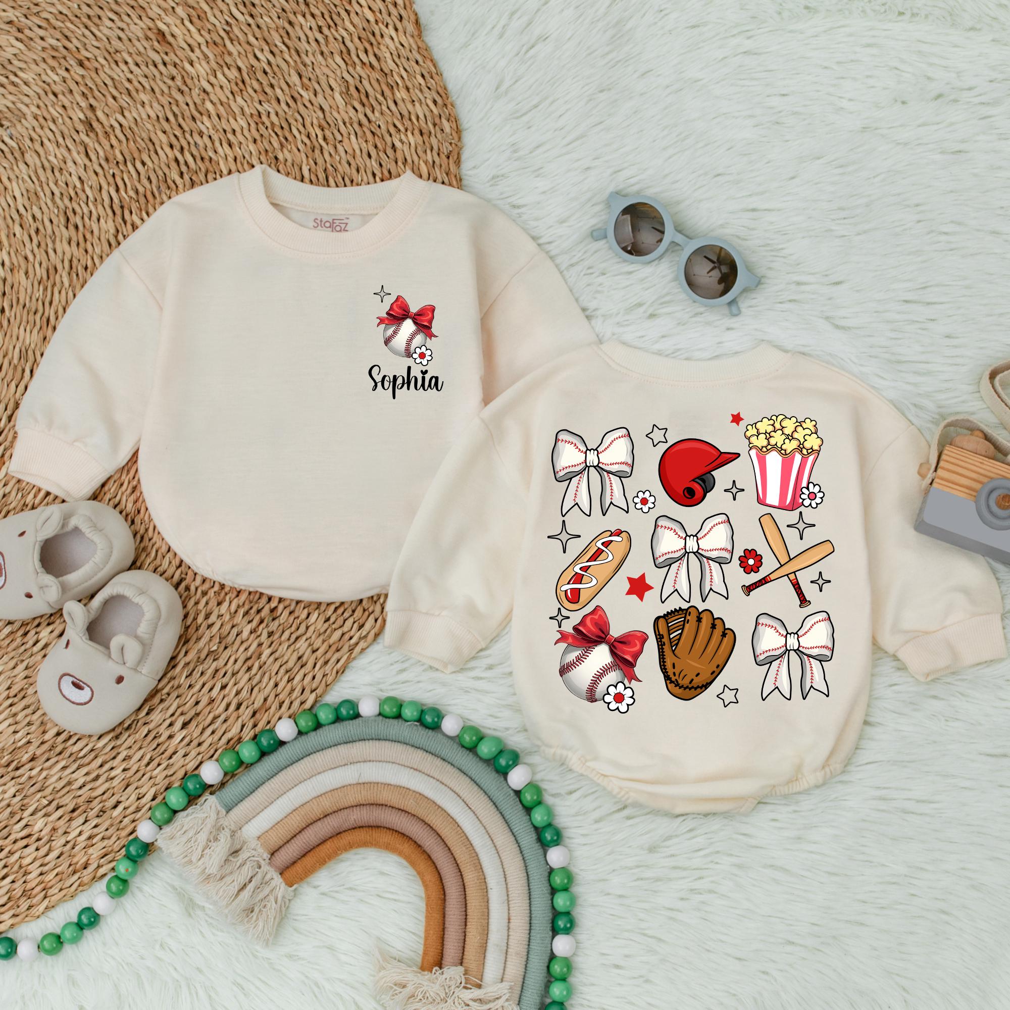 Personalized Baby Girl Baseball Romper with Sophia's Name Fun Sports Icons Soft Cotton Birthday Outfit