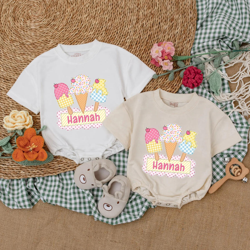 Personalized Ice Cream Baby Romper with Colorful Cones First Birthday Outfit Soft Cotton 1st Birthday Cake Smash Summer Toddler Girl