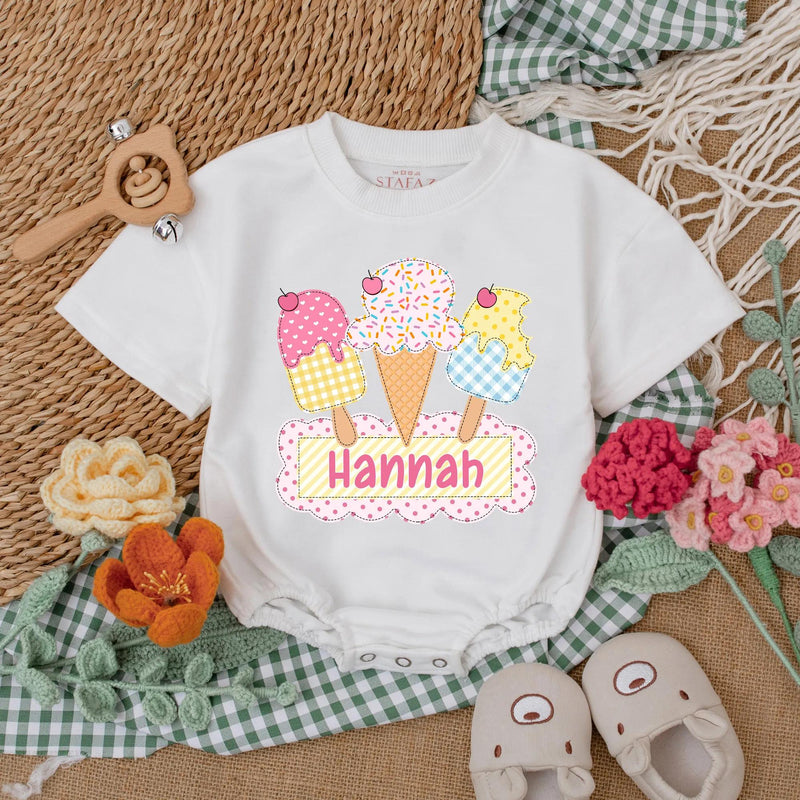 Personalized Ice Cream Baby Romper with Colorful Cones First Birthday Outfit Soft Cotton 1st Birthday Cake Smash Summer Toddler Girl