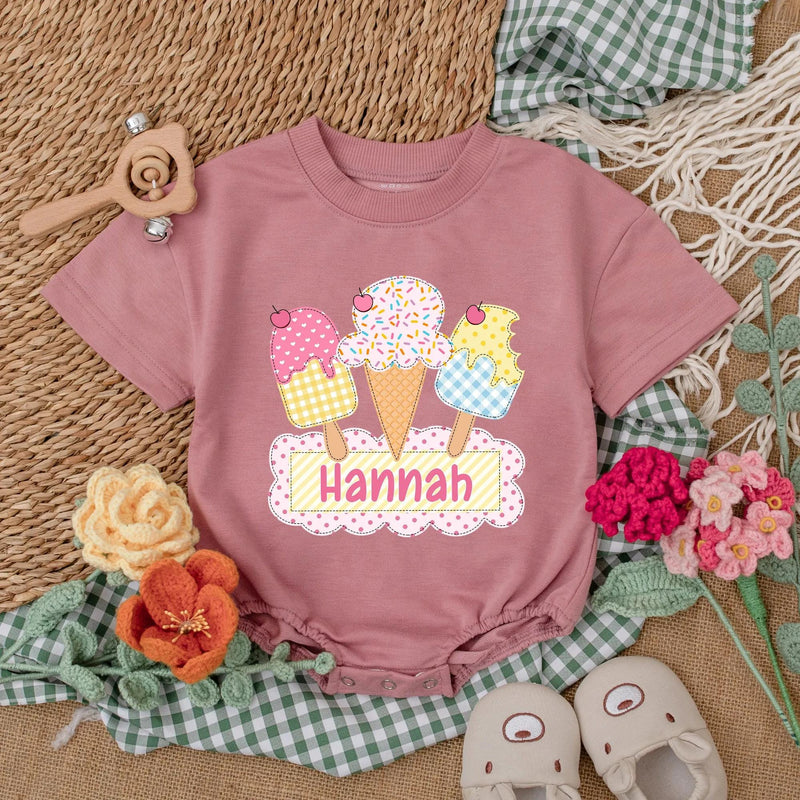 Personalized Ice Cream Baby Romper with Colorful Cones First Birthday Outfit Soft Cotton 1st Birthday Cake Smash Summer Toddler Girl