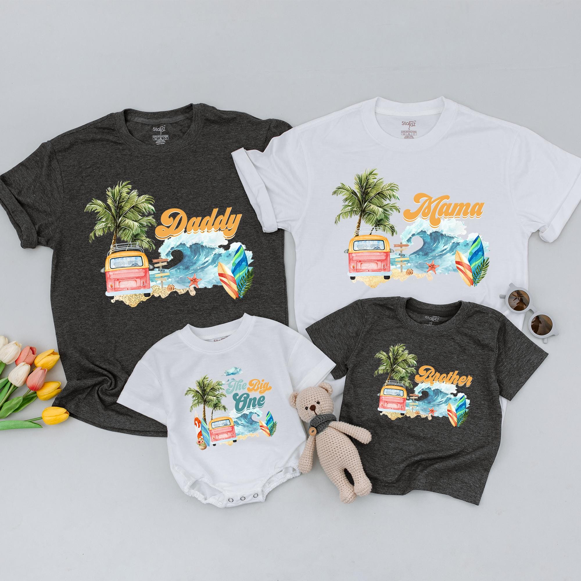 Personalized Surfing Birthday Shirt Retro Beach Design Family Matching Toddler Boy Outfit Custom Names Bright Summer Party Celebration