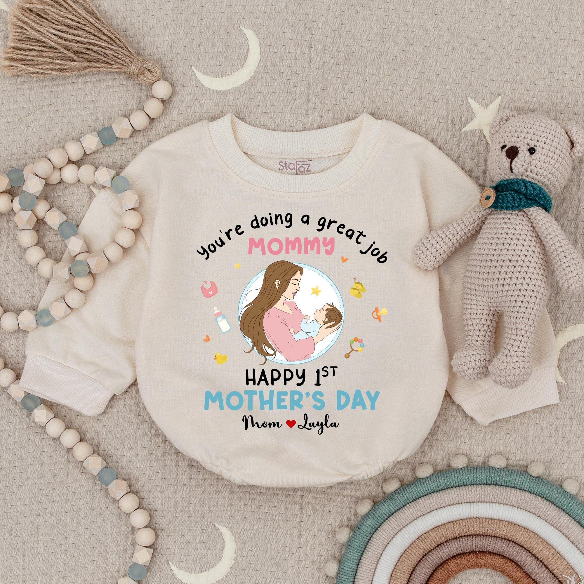 Personalized Baby Romper You're Doing a Great Job Mommy First Mother's Day Gift Heartwarming Pastel Design with Baby Name Customization