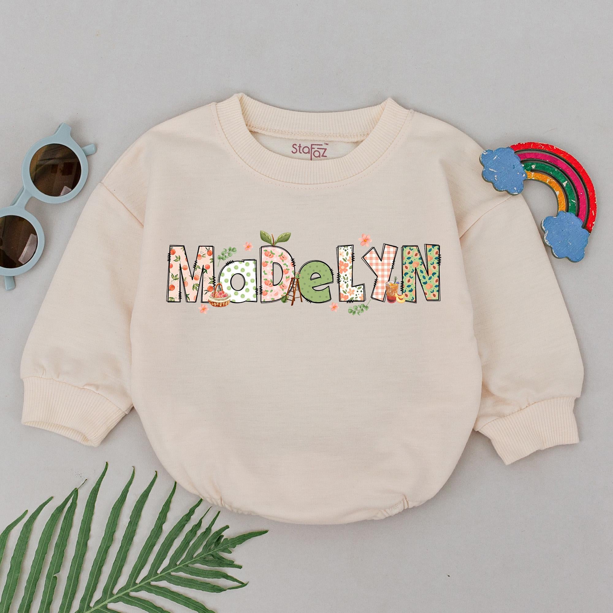 Custom Madelyn Baby Romper Whimsical Fruit Floral Design Newborn Girl Gift Soft Cotton Playful Personalized Outfit