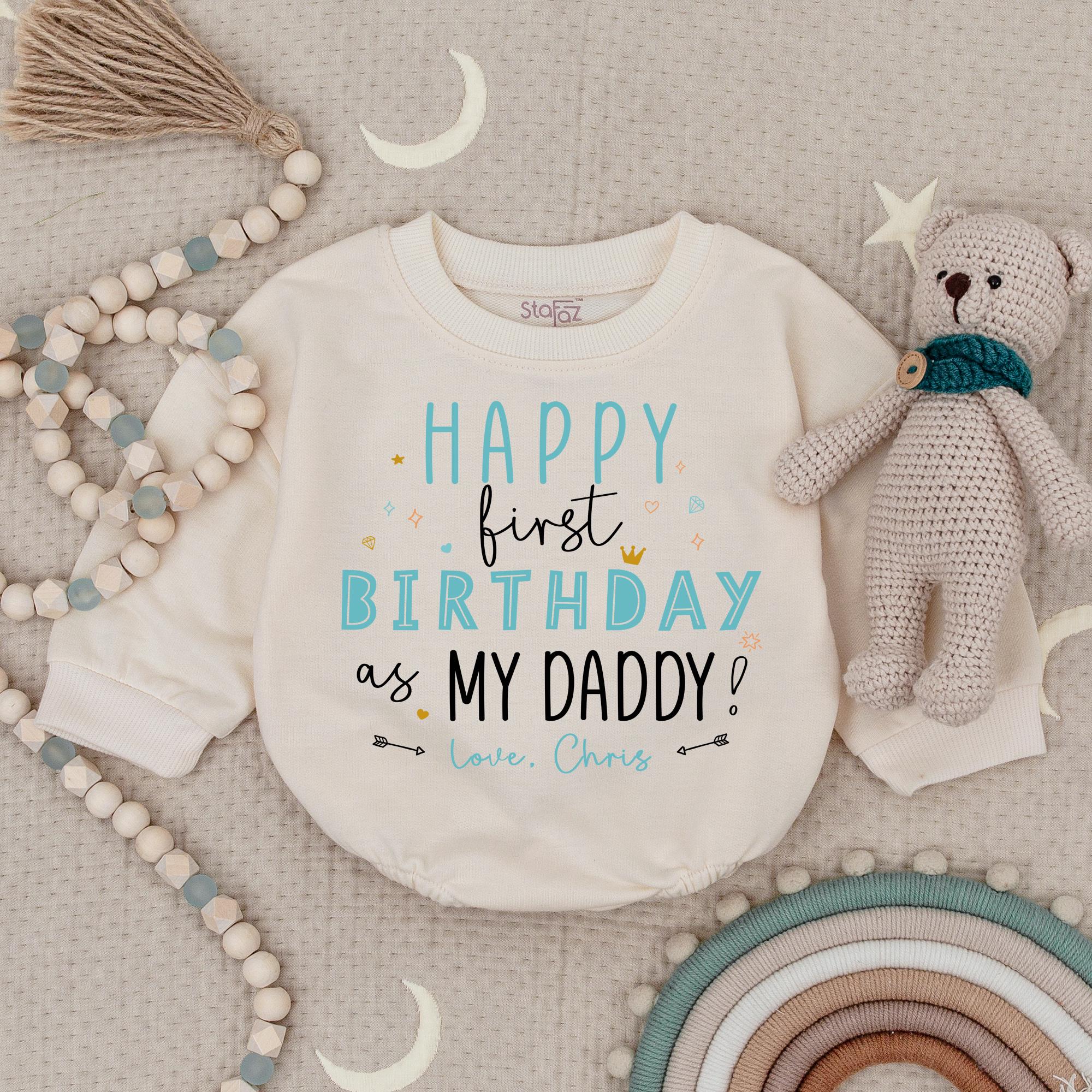 Happy First Birthday as My Daddy Baby Romper Custom Baby Boy Outfit Gift Turquoise and Black Design Comfy Soft Cotton Celebration