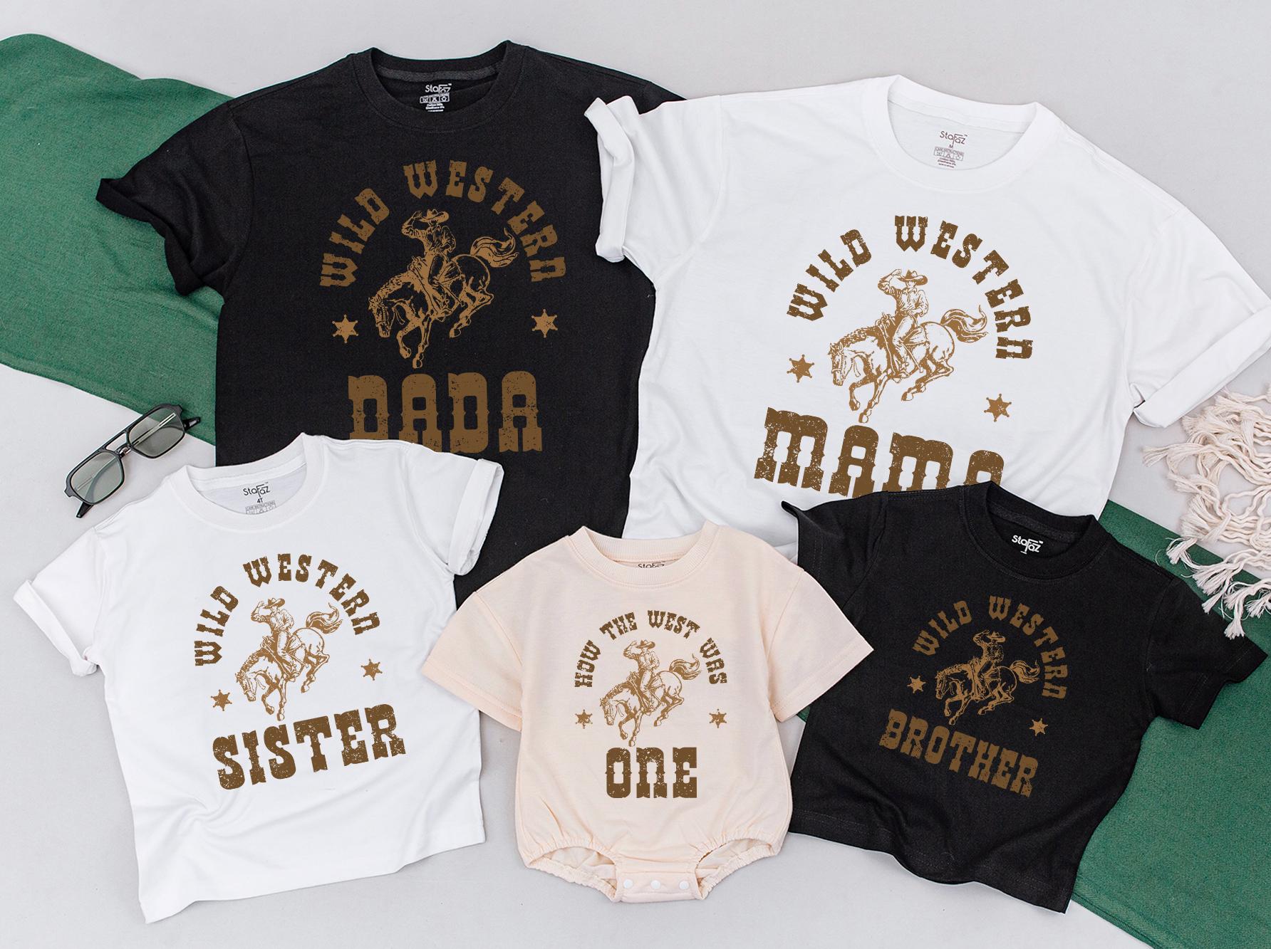 Wild Western Family Matching Shirts Cowboy 1st Birthday Outfit Custom Name Tee Toddler Baby Party Vintage Rodeo Theme Soft Cotton