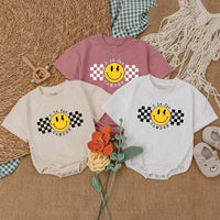 Personalized Baby Boy Romper with Checkered Smiley Face Birthday Outfit Infant Cotton Comfortable Gift